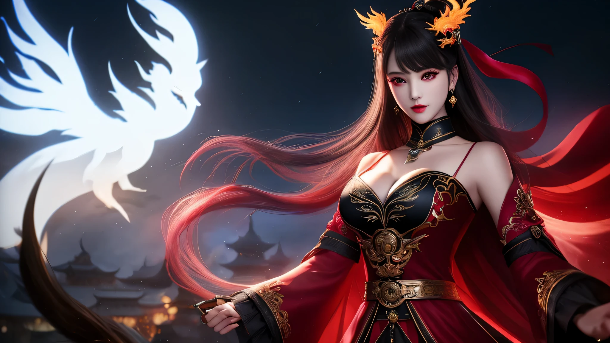 最high quality, masterpiece, High resolution, 1 girl, Hanfu, white and uniform teeth, chinese underwear, hair ornaments, necklace, jewelry, crown jewelry. cute face, Upper body, magic import style, Tyndall effect, realistic, Dark studio, border light, two tone light, (high detail skin: 1.2), 8k UHD, Digital single-lens reflex camera, soft light, high quality, volume light, Frank, photograph, High resolution, 4k, 8k, Bokeh, (Pale pink lip), 1 Beautiful devil from hell, in the dark: 1.6), デヴィッド・ホックニーとアルフォンス・ミュシャによる超realistic女性のportrait, fantasy art, photorealism, dynamic lighting, station art, poster, volume lighting, highly detailed face, super 8k, award, in the dark, deep shadow, weak light, cowboy lens, (red phoenix dress: 1.4), long hair, black hair, bust, palace luxury, royal style, crown devil, Red eyes and very sharp and detailed makeup, best face, very large and round breasts, 超realistic, chinese women clothes, turtleneck polo shirt, cute smile, Beautiful eyes makeup, Gweiz, devil style, Black mesh stockings, Ponytail with a ribbon at the back, dark red lips, devil tattoo on shoulder, wearing a thin red and black shirt , cape, overcast and thundering landscape, (portrait), Close-up of the main character, (Background details 1.8),,perfect body,(lie:1.3)