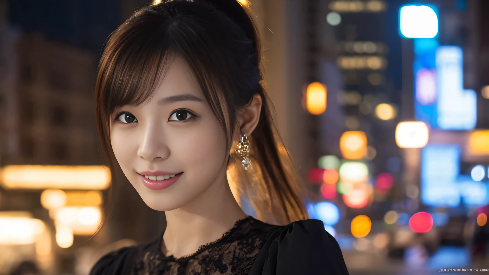 1 Girl, (Wearing a black blouse:1.2), Beautiful Japanese actresses, (ponytail:1.3),
(RAW Photos, Highest quality), (Realistic, Photorealistic:1.4), masterpiece, 
Very delicate and beautiful, Very detailed, 2k wallpaper, wonderful, 
finely, Very detailed CG Unity 8K 壁紙, Very detailedな, High resolution, 
Soft Light, Beautiful detailed girl, Very detailed目と顔, Beautiful and detailed nose, Beautiful and detailed, Cinema Lighting, 
break
(Snowy night cityscape as background 1.3), City lights, 
Perfect Anatomy, Slender body, smile, Face the front completely, Looking at the camera
