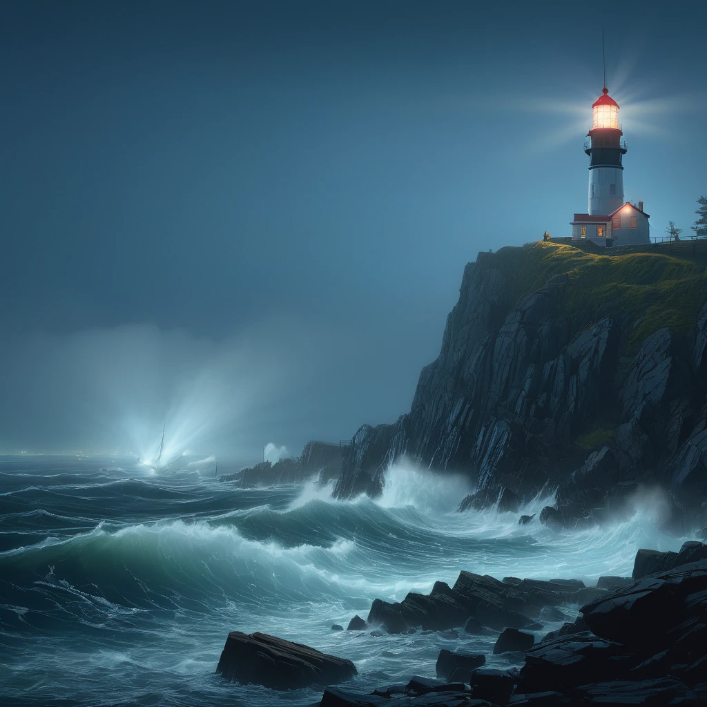 Stunning, premium, Illustration, wide angle, Lighthouse, standing tall, guiding lost sailors, rocky coast, crashing waves, foggy night, rim light, studio light, luminous, soft glow, dynamic lighting, watercolors, realistic, contrast, dreamcore, cinematic, Winslow Homer, Ivan Aivazovsky, Caspar David Friedrich.