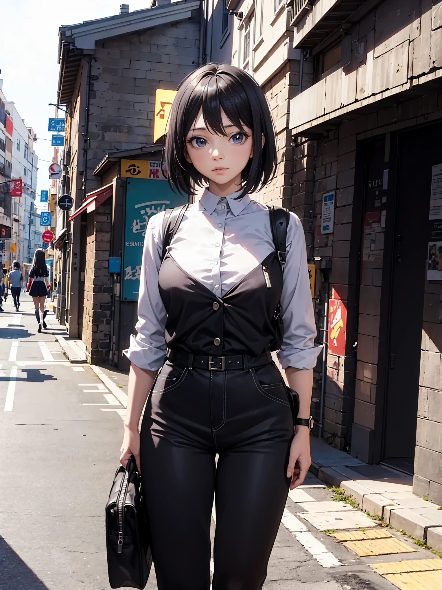 there is a woman 
35 years old walking down the street in a black and white outfit, anime girl in real life, realistic anime 3 d style, anime style. 8k, realistic young anime girl, 3 d anime realistic, 35 years old anime girl, anime styled 3d, anime style character, attractive anime girl, photorealistic anime girl render, a hyperrealistic, 8k
