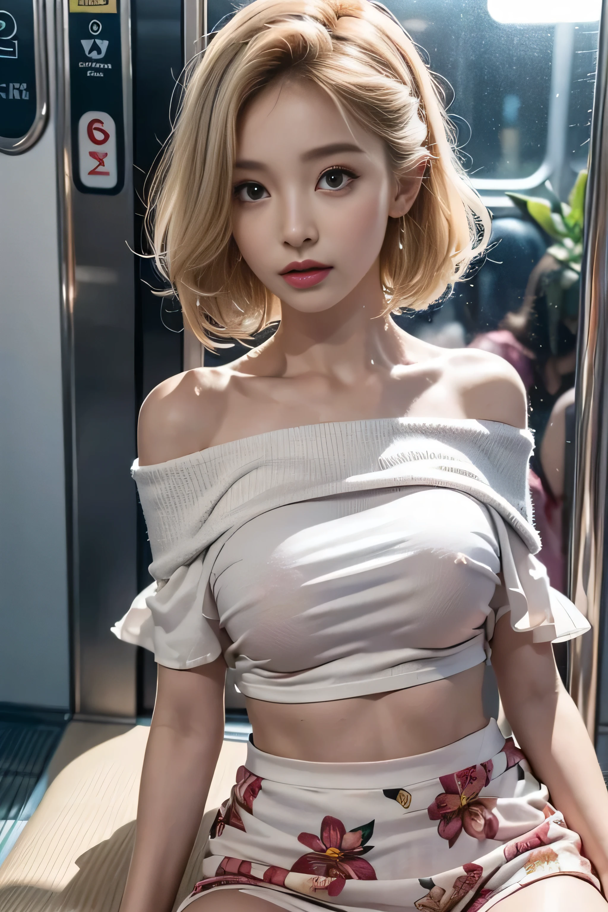 ((Girl sitting on train seat)),bright look、young shiny glossy white shiny skin、Best Look Rondo Reflective Light、Platinum blonde hair with dazzling highlights、shiny bright hair,、super long straight hair、Shining beautiful bangs、輝くクリスタルクリアな魅力的な大きな青いeye、A very beautiful and lovely cute 16 year old girl,緻密で美しいeye, beautifully detailed nose,(( whole body:1.5)),eye元を強調するメイク、royal style,comic style, , scattered below the surface, gorgeous details, nature background, ((cinematic)), dramatic lighting, table top、((Off-shoulder T-shirt with floral print on translucent wet white background:1.4))、(Loosening perm:1.4)、1 girl、((bob hair:1.3))、Ultra realistic 8k CG, 絵に描いたようなFlawless顔, Flawless, clean, table top, professional artwork, famous works, Flawless顔, beautiful face, 美しいeye, ((Flawless女性の体スリム、)), alone,(Immersive atmosphere, chiaroscuro:1.5,bright light:1.2,bright lighting),(blush:0.5),fascinating look,very detailed_eye,thick thighs,big,Beautiful and detailed background,written boundary depth,realistic:1.3, long shot,sitting, whole body, (ambient light:1.3),(cinematic composition:1.3),(neon light:0.1),(nffsw:0.1),accent lighting, pantyhose,((Out of the window, hazy skyscrapers))、(())、(腫れぼったいeye:1.2)、 (slim legs),(Light shines on your face and chest)、(((((underboob)))))、lower chest、oily skin、skinny、 (The underside of the chest is slightly visible),(見えるunderboob、I can see your belly button and ribs)、Hip bones and lower abdomen are visible、Dark blue flared skirt、(lift the skirt),((You can see the white T-back pants)),