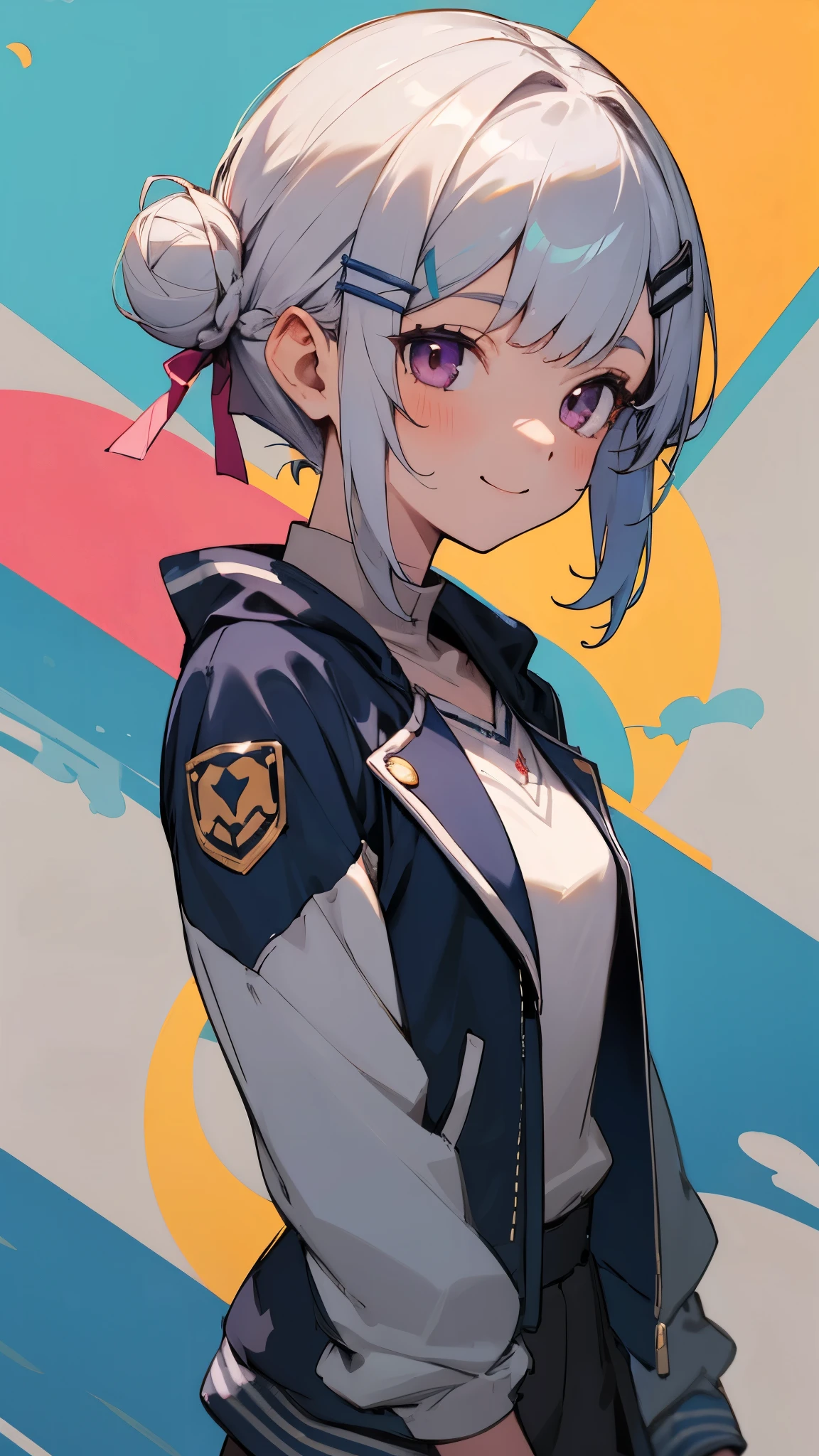 Portrait of one person、16 year old girl、riders jacket、small breasts、Short hairstyles for silver hair and bob、Hair tied up in a bun with a hair clip、Shining pink round eyes、smile, impression, (oil), Blue and orange tones、Zelda Style