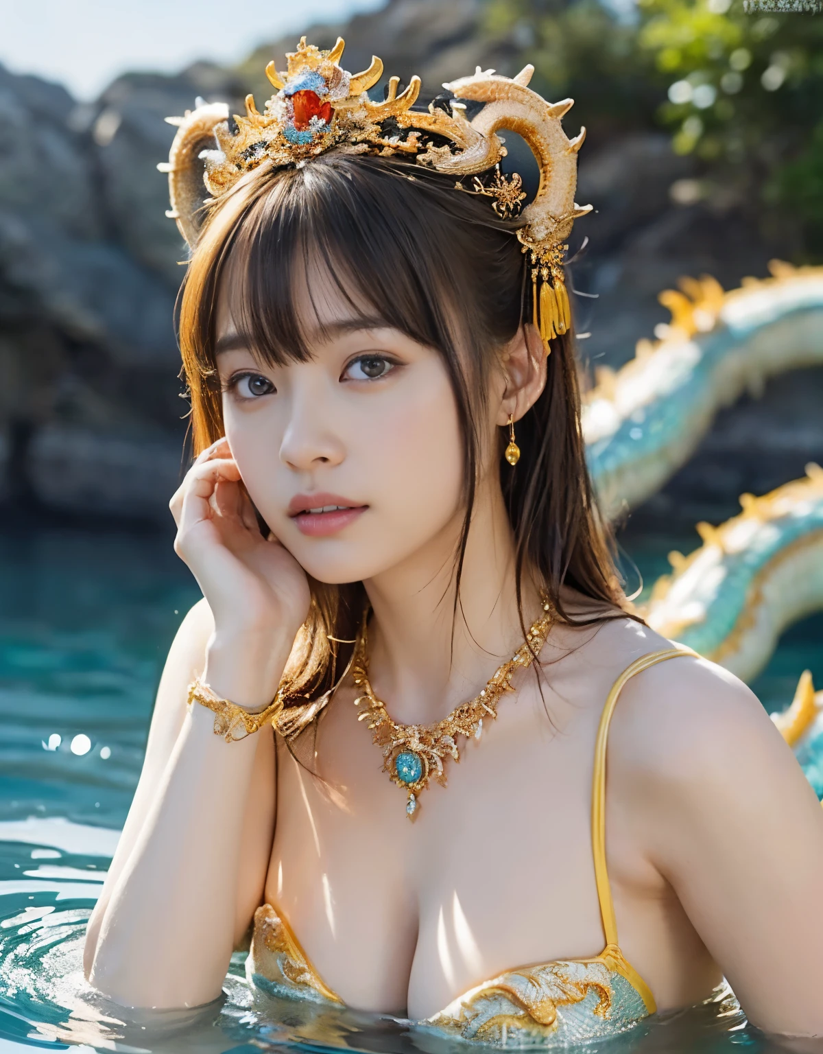 (very heavy chest)、highest quality、masterpiece、ultra high resolution、（ice dragon armor）、(((Metal製))),(((big breasts)))、(((Yellow Micro Bikini))),(she wears a beautiful crown made of precious stones.),(Photoreal:1.4)、RAW photo、1 girl、(((random hair))、(((color々take a pose)))、glowing skin、(((water chinese dragon)))、intricate and gorgeous hair ornaments、（looks like a gorgeous necklace）、（someone who looks at you calmly, Eyes like a goddess.）happiness:1.2).((beautiful sea background))、cliff、(ruins background)、((Ultra realistic details))、portrait、global illumination、（sexy pose）、Shadow、octane rendering、16k、big breasts、Raw skin exposed in the cleavage、Metal、intricate decorative details、Japan details、very intricate details、realistic light、CG Society Trenlow Eyes、Eyes shining towards the camera、（）、(((heavy big))),Shining eyes shine、armpit、24k,Ice Effect、It&#39;s snowing、