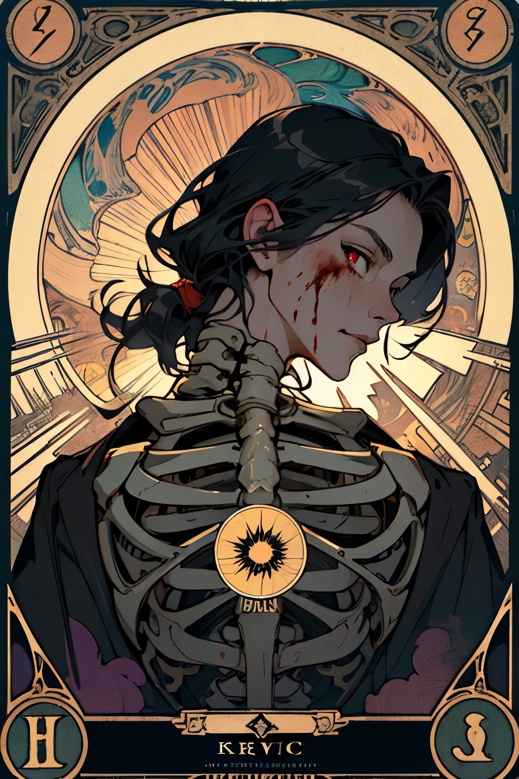 1 man, Skeleton dove face,(long black hair:1.1), blood eyes, Victoria coat, quill, (zendispute, mandala, dispute, endispute:0.6),(Fractal art),Chaos in its most beautiful form,Mucha art style, consciousness,sun, steam Punk, devil in the Background, Tarot card Frame