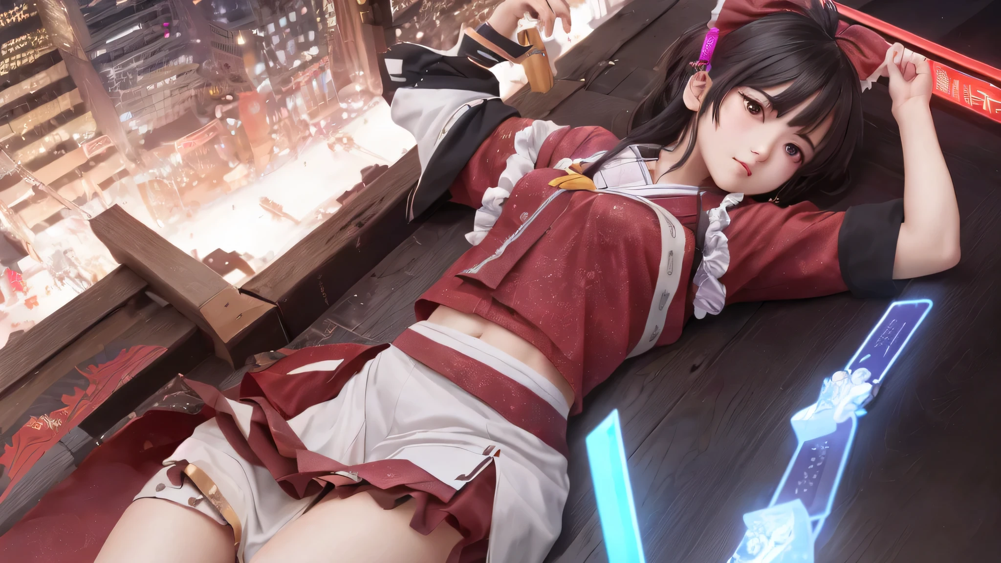 (masterpiece, highest quality, Super detailed, High resolution:1.2), cinematic, CGI, realistic, 1 girl, cute, Idol, (hakurei reimu:1.25), blush, natural skin texture, brown eyes, complicated eyes, dark eye makeup, posture, find, danmaku, magic, stylish clothes, dress, highly detailed background, cyber punk, city, street, night, performer, modern, futuristic, neon light,,perfect body,(lie:1.3)