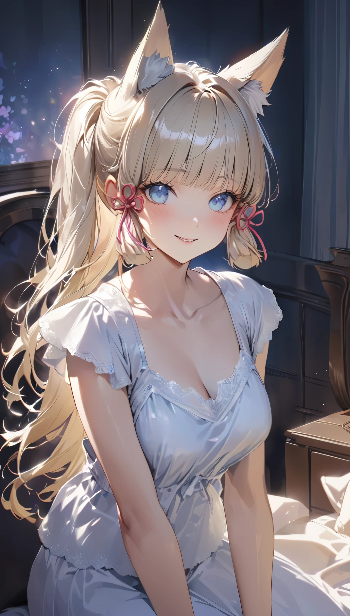 Ayaka,((golden hair)), fox ears,beautiful face,smiling,close up upper body, moderate breast,sitting on a bed,wearing white sleepwear, (open mouth:0.4),illustration,detailed textures,ultra-detailed(realistic),portrait style,vivid colors,soft lighting.