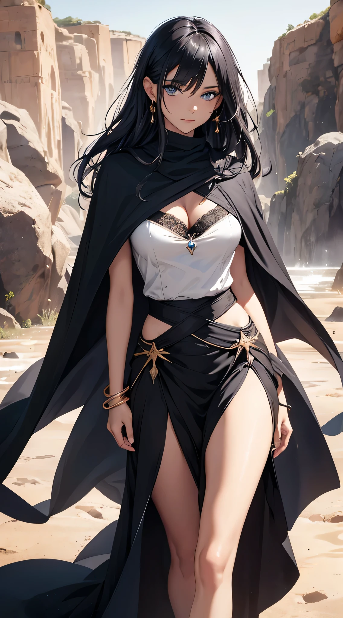 1 femme aux longs cheveux noirs, yeux bleus, walking in a desert, with Floating Magic Water. Elle a l’air épuisée, visage rougi. Golden bracelet, Cape de magicien noir, chaleur, better lighting, Chef-dœudansre, detailed, Cadre fantastique,