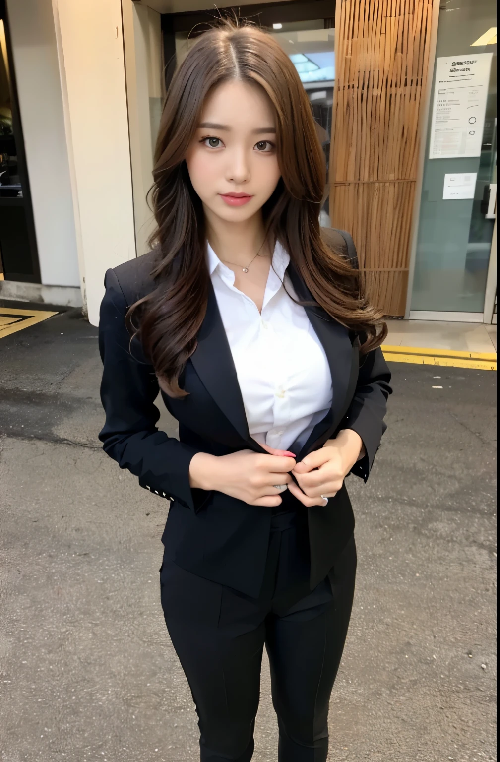 (((1girl)))((best qualtiy, 8K, tmasterpiece:1.3)),((Sharp:1.2, perfect figure beautiful woman:1.4, Slim abs:1.2)), ((Layered Hair Style, huge tit:1.3)),((Highly detailed facial and skin texture,A detailed eye,Black eye,double eyelid, droopy eyes)),(japan girl:1.5)(Brown Hair)(Formal shirt:1.8),(Japan street:1.3)(full body:1.5)