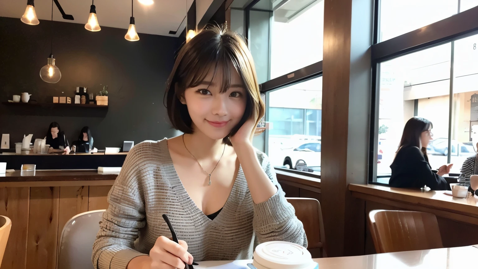 (最high quality、8k、32K、masterpiece:1.2)、A photo of a female college student who looks like a cute model、normal breasts、short bob hair、Upper body、face focus、recruitment suit、necklace、look at the audience、background a trendy coffee shop with a unique aesthetic and atmosphere. Incorporate elements like modern furniture, artistic decoration, and ambient lighting to enhance the ambiance. People who enjoy drinks々Consider including, engaging in conversation, or quietly working on laptops. Let your creativity flow、In this chic café setting「stable diffusion」Let the idea come to life, I can see other customers enjoying themselves too..。At the back of the cafe、Staff are busy working at the counter.、Feel the vibrancy and warmth of a city cafe.., sharp focus, 1 girl, sexy 1.2, brown hair, With bangs, fine eyes, Beautiful eyes with long slits, double eyelid, (cat face), (cute Face), cute Smile, (close your mouth), (cute), soft skin, surreal, Super detailed, high quality, (Beautiful female college student with short hair studying in a cafe), ((詳細な非常にcute女子大生),
