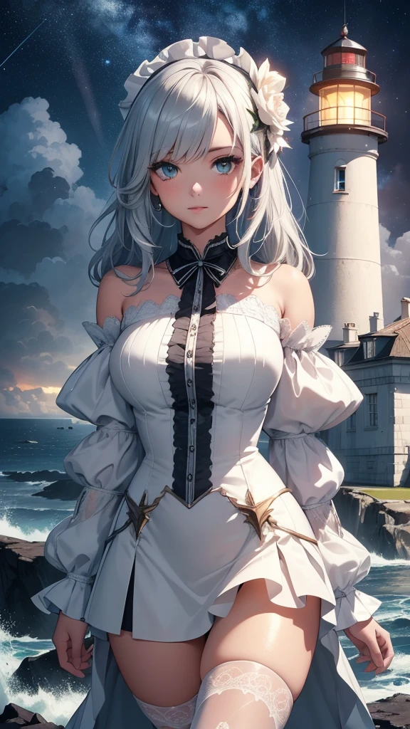 (masterpiece), high details, high quality, photorealistic, hyper-detailed, realistic skin texture, perfect face, A beautiful elegance girl, look at the Lighthouse, off-shoulder shirt, ribbon, short skirt, puffy sleeves, high heel, shimmering with lustrous hues matching scheme, nice perfect face with soft skin, light reflecting, hourglass body shape, (thunderstorm, lightning storm, Lighthouse illuminating the night, galaxy sky, (The Lighthouse is surrounded by a sea ​​waves barely seen through the rain, Clouds and fog on the Lighthouse, Lighthouse illuminating the night as background), the Lighthouse looks like floating on the air, Illuminated by the moonlight, galaxy night with nebulae, high details background), fantasy art style, high quality detailed art, fantasy mixed with realism, charming, (silver and white colors schemes), beautiful light, (beautiful detailed glow, detailed, Cinematic light, Highers, colorful light, particles, heterochromia), ray tracing, (colorful:1.1)