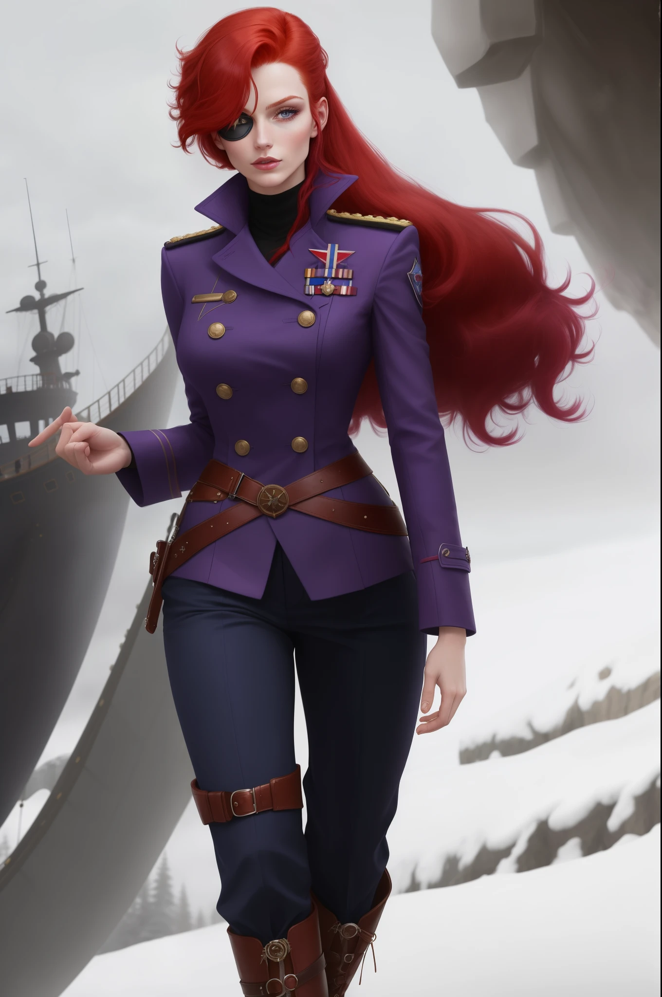 Captain Alexandra Nelly: bright red hair with purple streaks, deep blue left eye with a faint magical glow, right eye covered by a plain eye patch concealing a scar extending across the right side of her face. Wears a practical yet stylish captain's outfit: tailored coat, rugged trousers, and boots suitable for sky navigation. Her aura is one of determination, resilience, and a touch of mystique, hinting at her human and magical heritage.