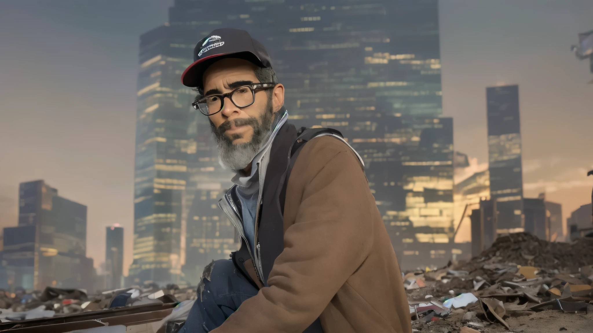 (best quality,highres),(realistic:1.37),(((eljhzubl))),garbage heap, detailed texture,dirty surroundings,dark and gloomy atmosphere,short beard,red baseball cap,wayfarer glasses worn,disheveled hair,facial stubble,tattered clothing,hands covered in dirt,careworn expression,unshaven face,desolate environment,scavenging for survival,abandoned buildings in the background,overcast sky,rummaging through debris for scraps,gritty and worn-out appearance,slumped posture,loneliness and desperation.