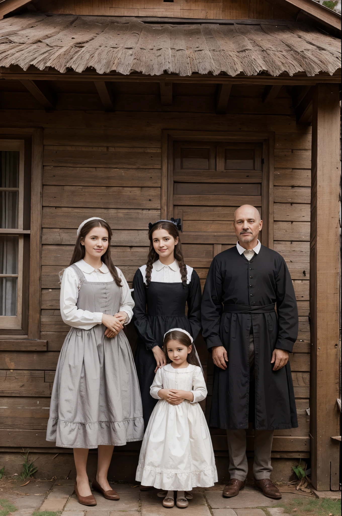 happy family, beautiful family, puritan 17th century family, beautiful old house, 4k, Photoshop