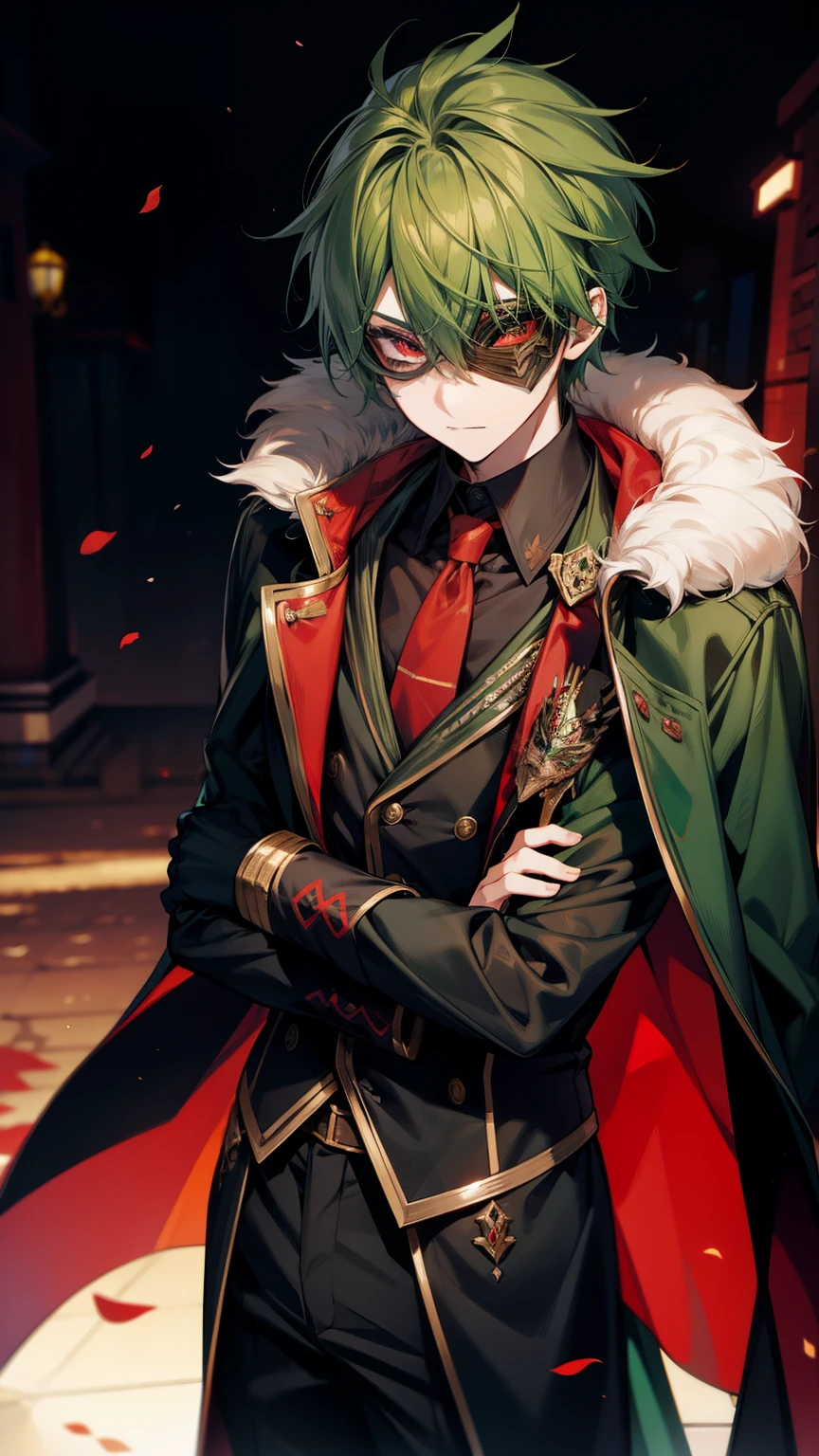 green hair, red eyes, mysterious, cool, male short hair, coat, teenager, masquerade mask