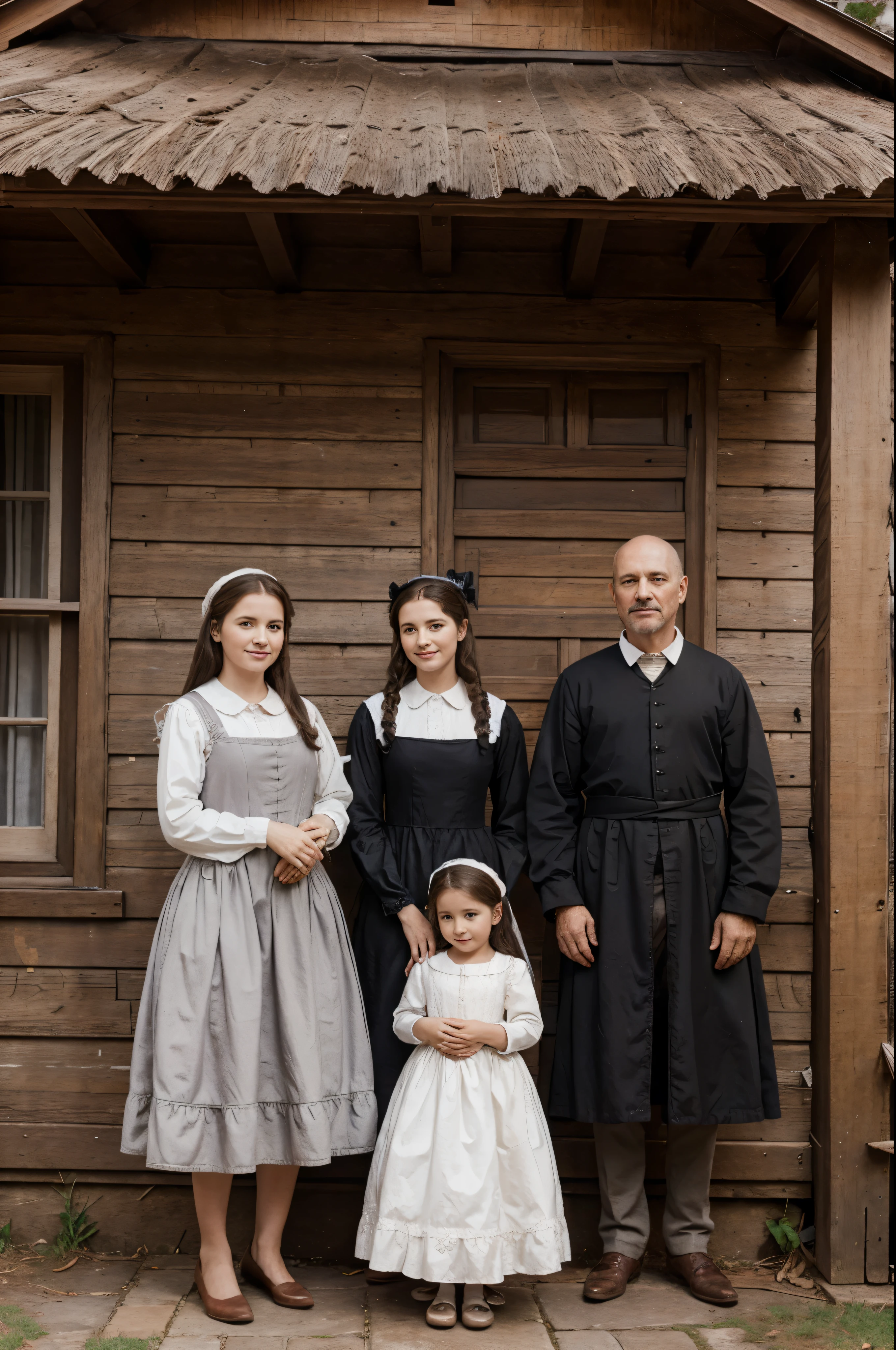 happy family, Beautiful family, 17th century Puritan family, linda casa antiga, 4k, fotoshop