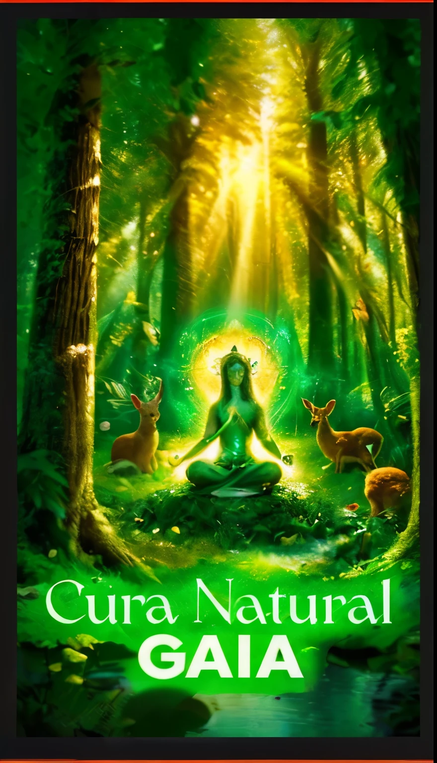 Draw the Goddess Gaia sitting in the lotus position in the center of a lush clearing, surrounded by majestic trees and dense vegetation. She is enveloped in a serene and radiant aura, with closed eyes and calm expression while meditating deeply. Suas longas madeixas se misturam suavemente com as folhas e flores que adornam seu cabelo.
Ao redor de Gaia, a variety of forest animals gather peacefully, witnessing your divine presence. Entre eles, squirrels play in the trees, birds chirp soft melodies and butterflies dance around her. A delicate doe rests at your feet, while curious rabbits watch in awe.
Soft sunlight penetrates through the treetops, creating patterns of shadow and light that dance around Gaia and the animals. The air is filled with the scent of damp earth and lush vegetation, criando uma atmosfera de serenidade e harmonia.
No horizonte, montanhas cobertas de neblina se erguem em silhueta, silent witnesses to the eternal cycle of life that Gaia so gently sustains. The setting is a reflection of the peace and beauty that emanate from the deep connection between the Earth Goddess and all her creatures..