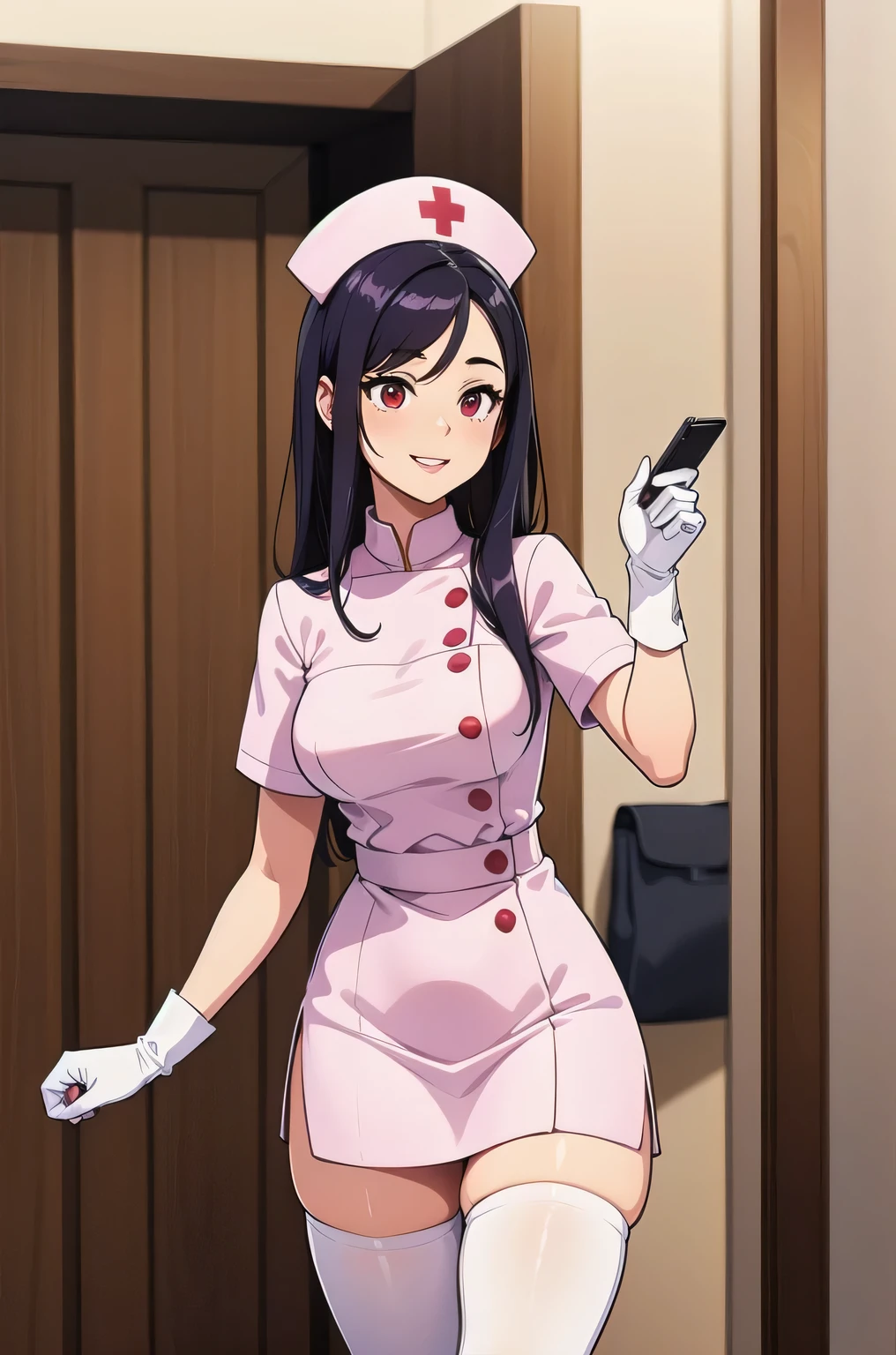 1woman, solo, nurse, white nurse cap, white nurse uniform, ((white legwear, zettai ryouiki)), white gloves, long hair, purple hair, red eyes, pink lips, smile, standing, ((hospital room)), sharp outline, short sleeves, mature female, 35 years old, best quality, masterpiece