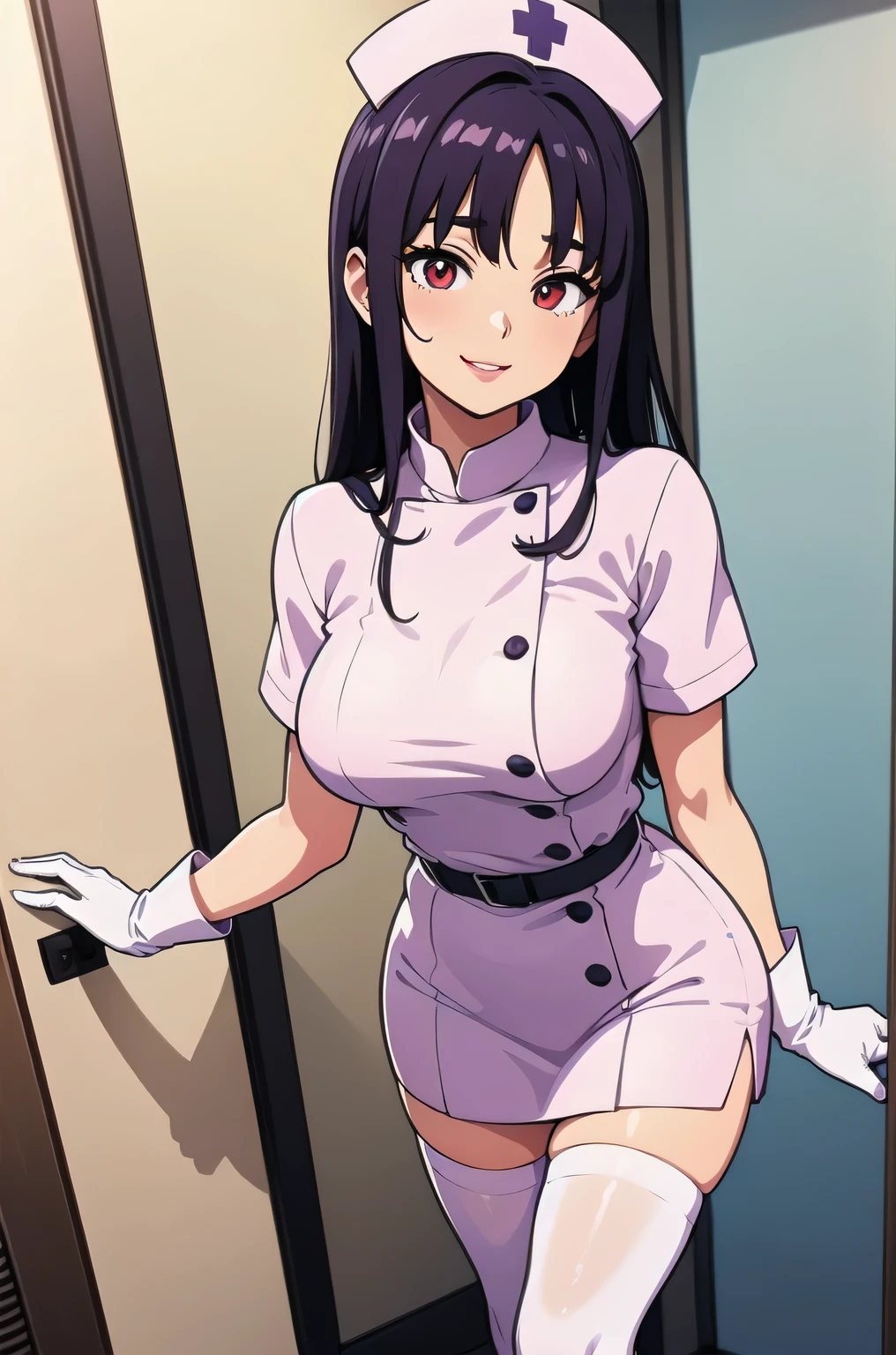 masterpiece, best quality, anime coloring, cowboy shot, 1girl, solo, black hair, long hair, bangs, parted mouth, nurse cap, blush, collarbone, (nurse uniform), cleavage, medium breasts, short sleeves, (white thighhighs, lace), standing, looking at viewer, indoors, steam, steaming body, lighting, sweat, wet