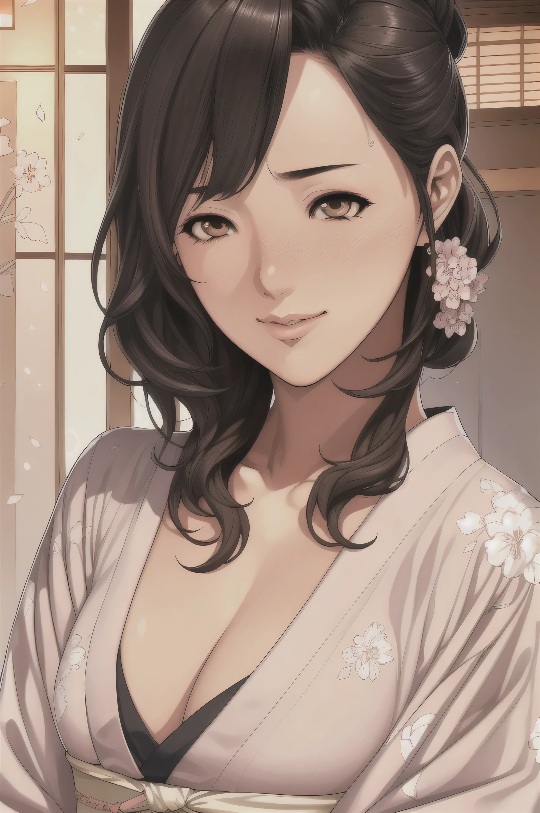 japanese architecture, yukata, 花柄の紫colorのkimono,kimono,open clothes, cleavage, black hair,tied hair in a circle,ribbon,bangs,brown eye, 1 girl, 30 years,beautiful 女性,beautiful long legs,beautiful body,beautiful Nose,beautiful character design, perfect eye, perfect face,expressive eye,perfect balance, looking at the viewer,(Focus on her face),closed mouth, (innocent_big_eye:1.0),embarrassing, Worried, official art,Highly detailed CG Unity 8k wallpaper, perfect lighting,colorful, bright_front_face_lit,white skin, (masterpiece:1.0),(Highest_quality:1.0), 超High resolution,4k,Super detailed, photograph, 8k, HDR, High resolution, confused:1.2, kodak portrait 400, film grain, blurred background, Bokeh:1.2, Lens flare, (lively_color:1.2),プロのphotograph, (beautiful,Huge_chest:1.3), (beautiful_face:1.5),(narrow_waist),(wide_hip),carnal thighs, cowboy shot,