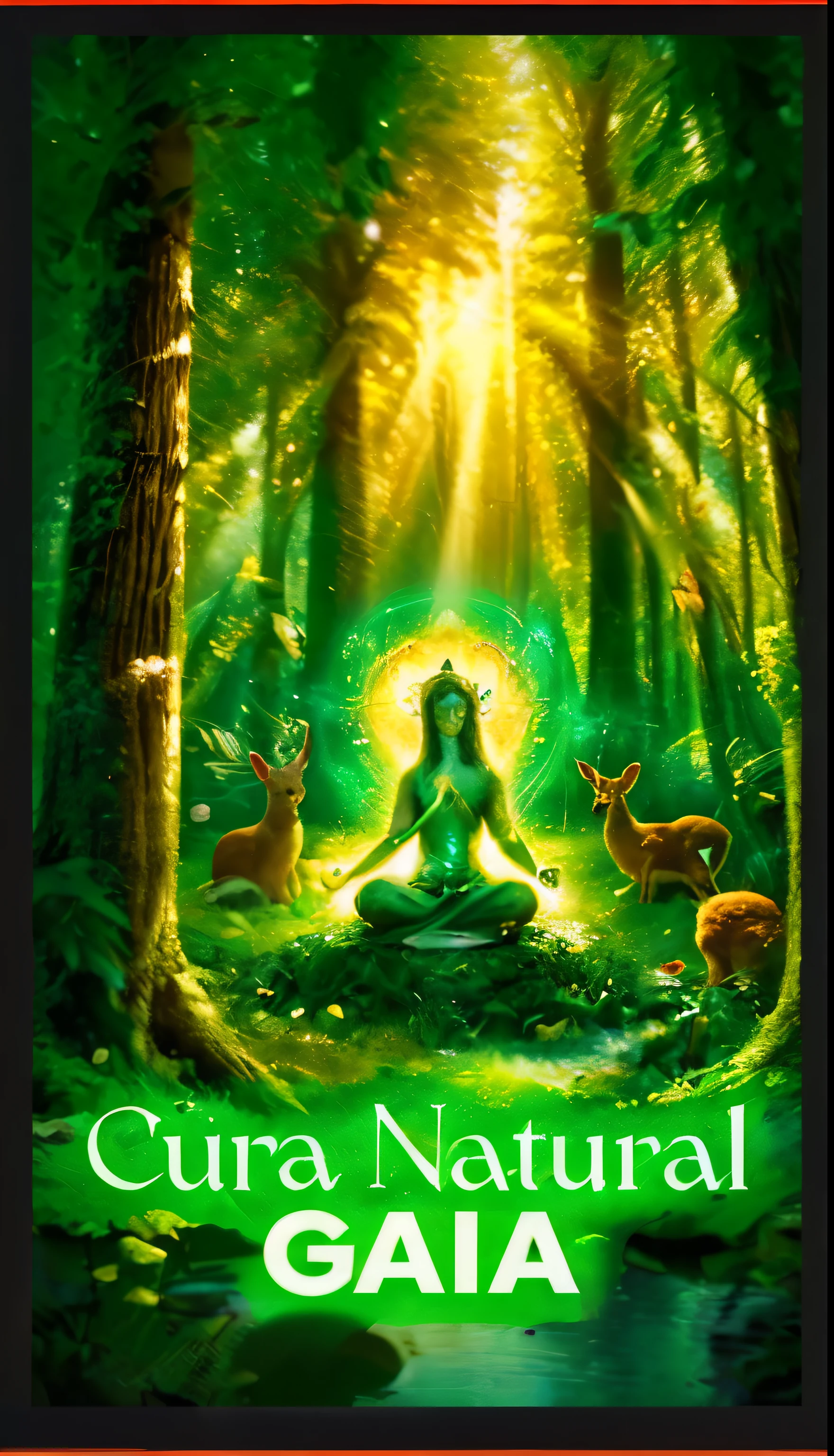 Draw the Goddess Gaia sitting in the lotus position in the center of a lush clearing, surrounded by majestic trees and dense vegetation. She is enveloped in a serene and radiant aura, with eyes closed and calm expression while meditating deeply. Suas longas madeixas se misturam suavemente com as folhas e flores que adornam seu cabelo.
Ao redor de Gaia, a variety of forest animals gather peacefully, witnessing your divine presence. Entre eles, squirrels play in the trees, birds sing soft melodies and butterflies dance around you. A delicate doe rests at your feet, enquanto coelhos curiosos assistem maravilhados.
Soft sunlight penetrates through the treetops, creating patterns of shadow and light that dance around Gaia and the animals. The air is filled with the smell of damp earth and lush vegetation, criando uma atmosfera de serenidade e harmonia.
No horizonte, montanhas cobertas de neblina se erguem em silhueta, silent witnesses to the eternal cycle of life that Gaia so gently sustains. The setting is a reflection of the peace and beauty that emanate from the deep connection between the Earth Goddess and all her creatures....