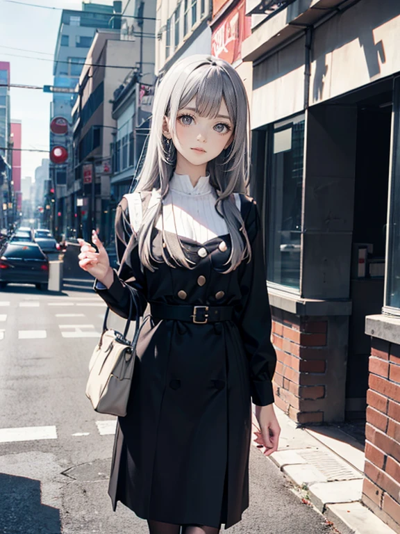1 woman 35 years old walking down the street in a black and white outfit, anime girl in real life, realistic anime 3 d style, anime style. 8k, realistic young anime girl, 3 d anime realistic, 35 years old anime girl, anime styled 3d, anime style character, attractive anime girl, photorealistic anime girl render, a hyperrealistic, 8k, Long hair, (faded ash gray hair:1)