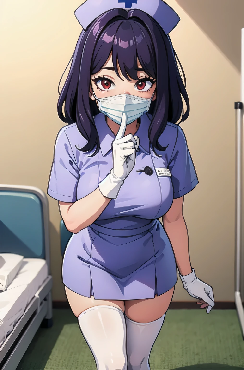 1woman, solo, nurse, white nurse cap, white nurse uniform, ((white legwear, zettai ryouiki)), white gloves, long hair, purple hair, red eyes, ((white surgical mask, covered nose)), standing, ((hospital room)), sharp outline, short sleeves, mature female, 35 years old, best quality, masterpiece