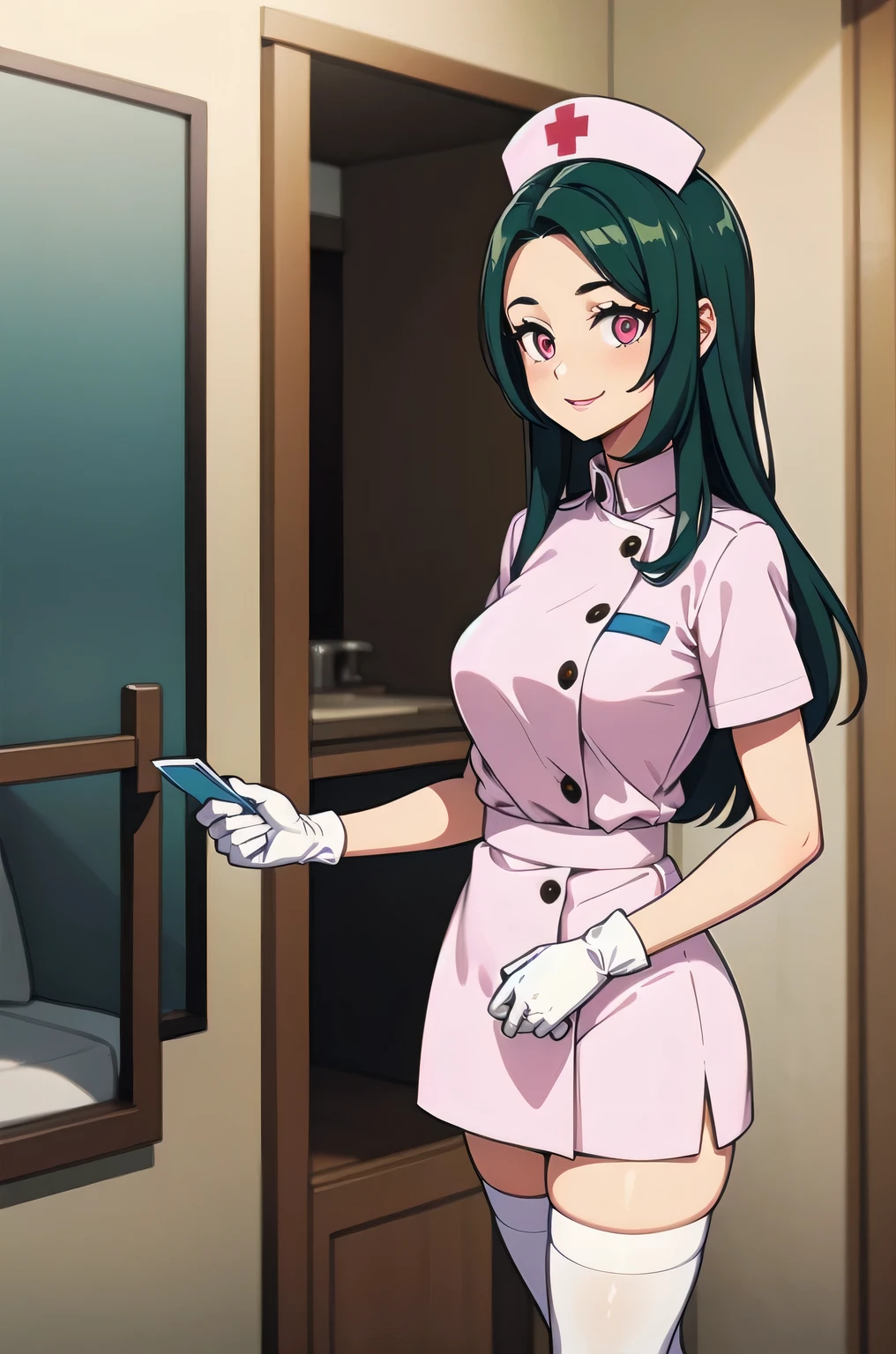 1woman, solo, nurse, white nurse cap, white nurse uniform, ((white legwear, zettai ryouiki)), white gloves, forehead, long hair, green hair, pink eyes, pink lips, smile, standing, ((hospital room)), sharp outline, short sleeves, mature female, 35 years old, best quality, masterpiece