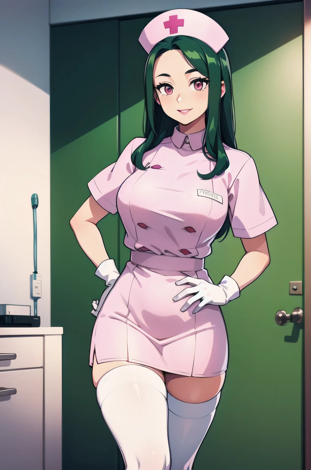 1woman, solo, nurse, white nurse cap, white nurse uniform, ((white legwear, zettai ryouiki)), white gloves, forehead, long hair, green hair, pink eyes, pink lips, smile, standing, ((hospital room)), sharp outline, short sleeves, mature female, 35 years old, best quality, masterpiece