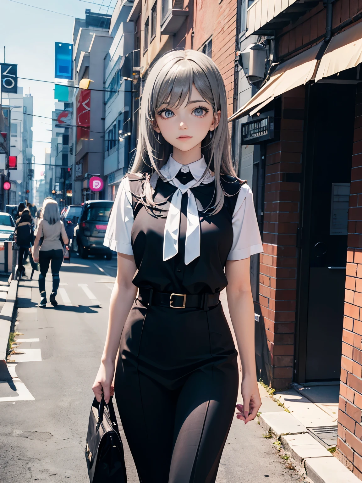 1 woman 35 years old walking down the street in a black and white outfit, anime girl in real life, realistic anime 3 d style, anime style. 8k, realistic young anime girl, 3 d anime realistic, 35 years old anime girl, anime styled 3d, anime style character, attractive anime girl, photorealistic anime girl render, a hyperrealistic, 8k, Long hair, (faded ash gray hair:1)