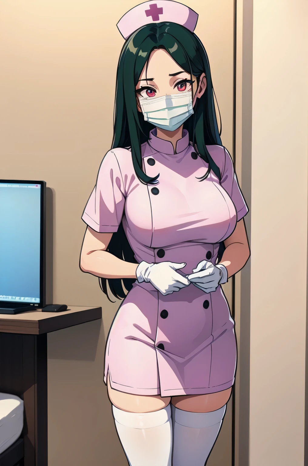 1woman, solo, nurse, white nurse cap, white nurse uniform, ((white legwear, zettai ryouiki)), white gloves, forehead, long hair, green hair, pink eyes, ((white surgical mask, covered nose)), standing, ((hospital room)), sharp outline, short sleeves, mature female, 35 years old, best quality, masterpiece