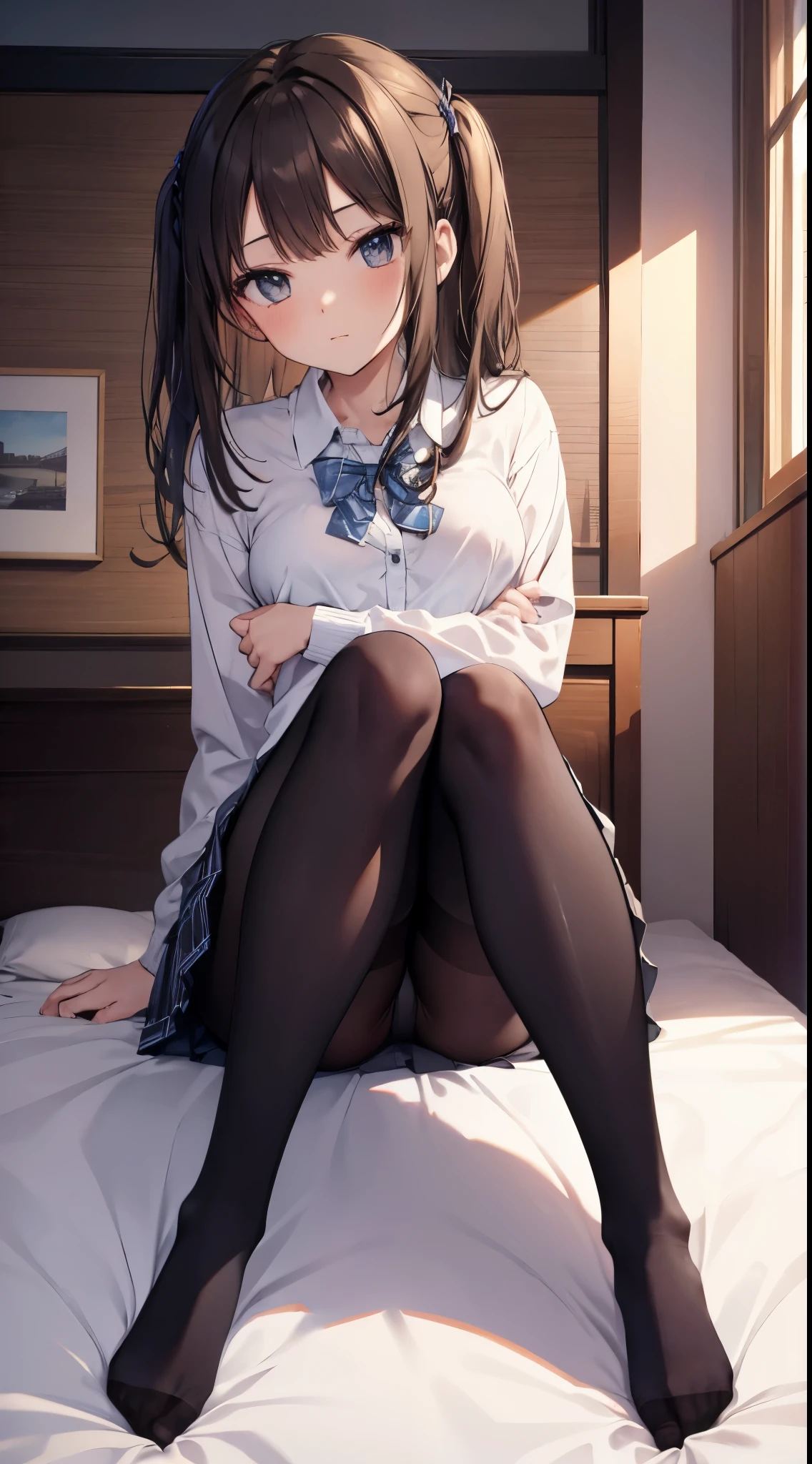 finest, masterpiece, High resolution, (Full body view from head to toe), Composition from slightly below the front, Symmetrical, 18 years old, slim and beautiful girl, alone, (small breasts), (not wearing shoes),Unkempt brown hair, bangs, (black tights), (black pantyhose), (Pose with legs spread on the bed), tied up with both arms hidden behind the back, (Composition showing white panties), (her legs spread、I can see white panties.), blush, shy big eyes, looking at camera, blazer uniform, plaid pleated skirt