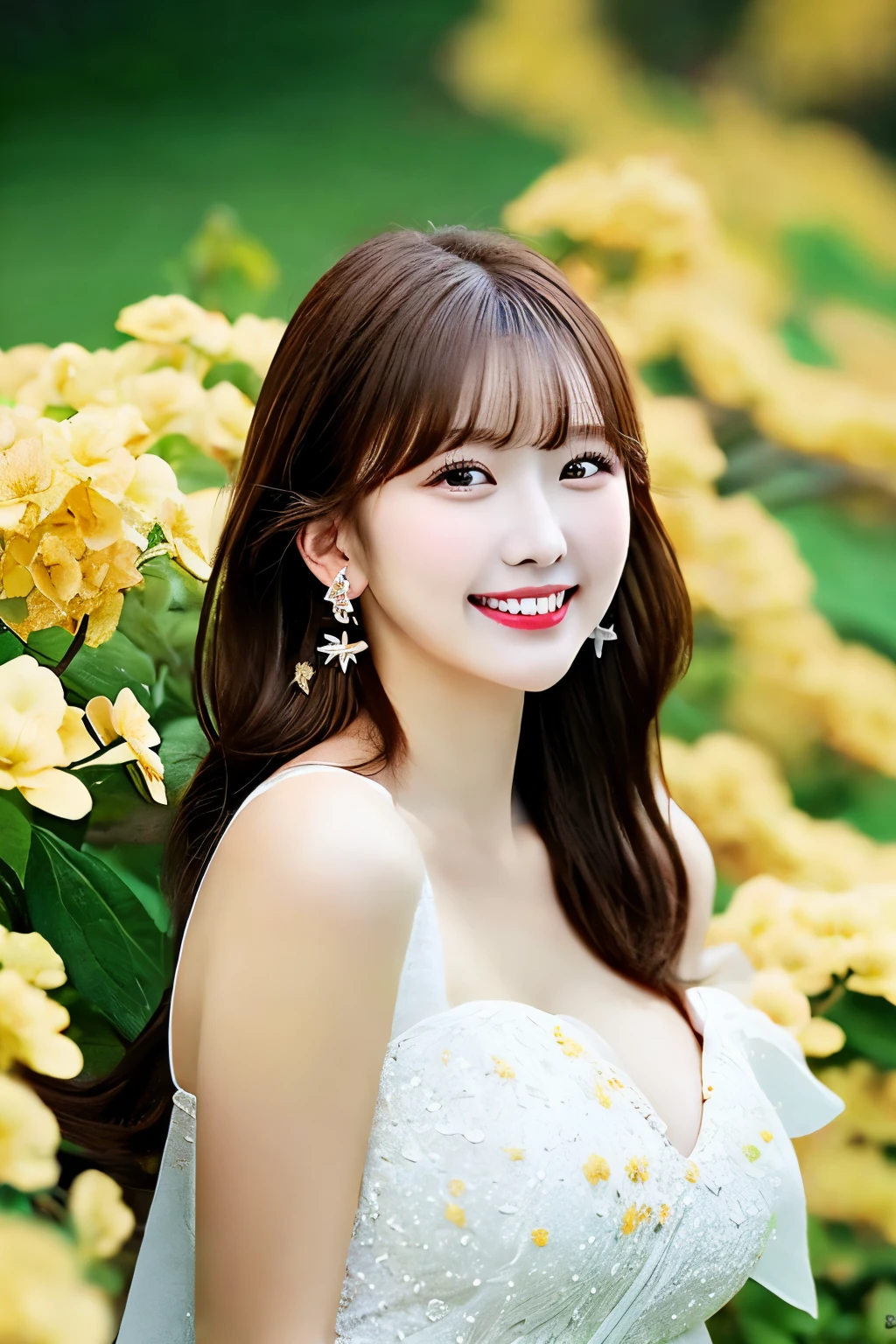 1 girl,moyou,whole body,stars in the eyes,Pure girl,(whole body:0.5),Lots of sparkling petals are scattered around.,Hidden among pale yellow flowers,Depth of the bounds written,lots of scattered leaves,branch,angle,Deepening of the contour,cinematic angle,white dress,smile,long brown hair、exposing cleavage、white knit dress、nice buddy、earrings、可愛いsmile、white teeth