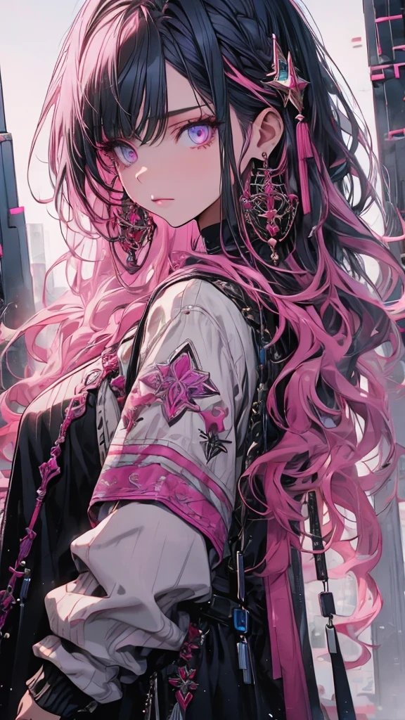 Hongliu, 1 girl, alone, long hair, looking at the viewer, blue eyes background, white background, jewelry, closed mouth, Jacket, Upper body, pink hair with silver and black hair lases , earrings, pink eyes, necklace, From the side, sweater, lips, eyelash, compensate, wavy hair, earrings, cross, lipstick, ear earrings, eye shadow, hoop earrings, pink lips, multicolored eyes, pink theme, pink eye shadow, clean hair, detailed hair