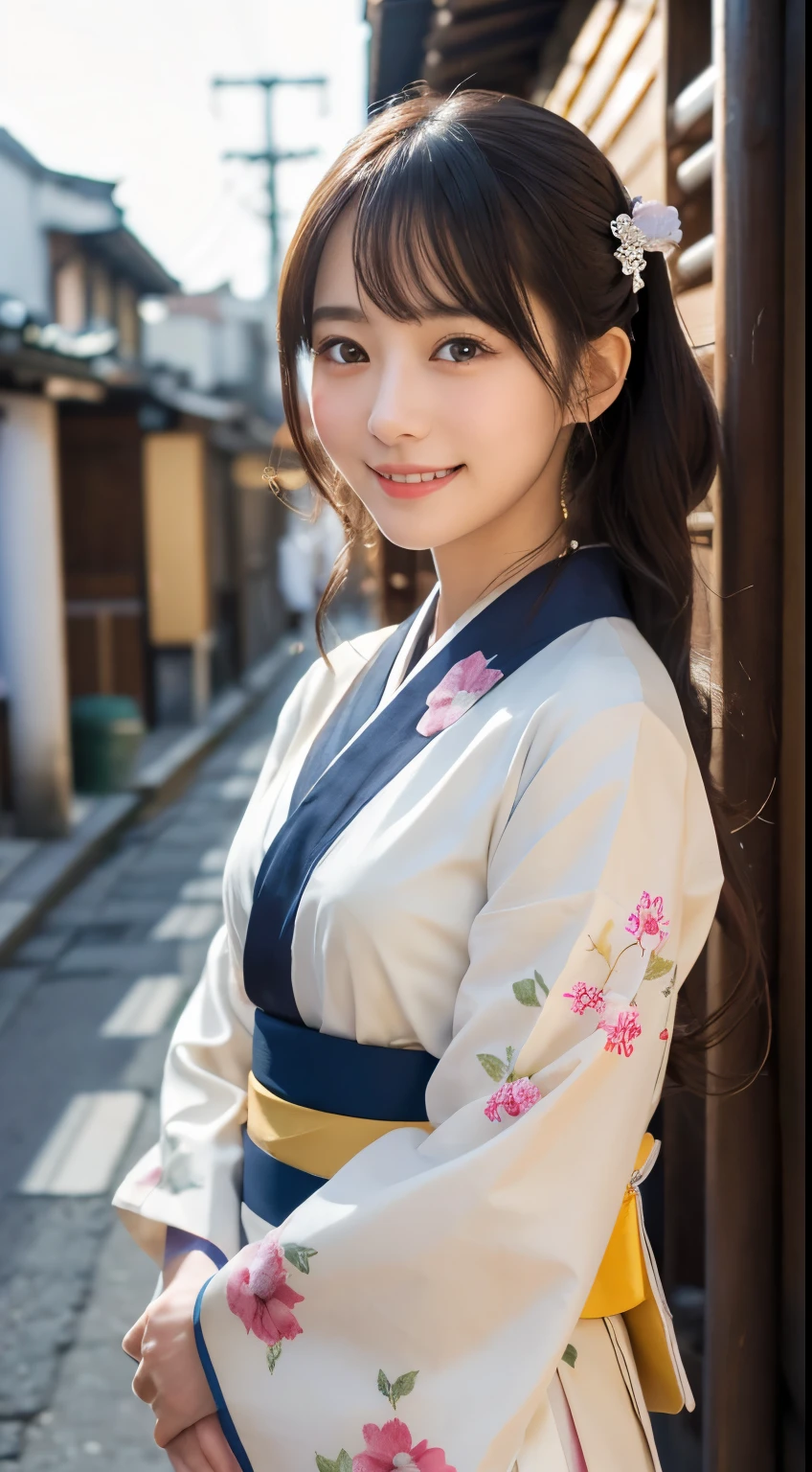 professional lighting,(Photoreal:1.4), (Top image quality:1.0), (超A high resolution:1.0), 8k, Raw photography, (masterpiece:0.2), (Pueros face_v1:0.5)、(最高quality Detail:1.2)、realistic、8k UHD、High resolution、(1 girl:1.2)、超detailedな、High quality textures、intricate details、detailed、Very detailed CG、High quality shadows、detailed 美しく繊細な顔、Beautiful details and delicate eyes、(symmetrical eyes:1.2),Depth of the bounds written、ray tracing,1 girl, japanese girl, (natural smile:1.4),cute, thin, Portrait of a beautiful Japanese woman wearing a kimono, Standing elegantly on a street corner in Kyoto. A kimono with bright traditional patterns, Hair decorated with an elegant and delicate hairpin, and a gentle expression. (Against the backdrop of the old streets of Kyoto:1.4)、soft light on a spring afternoon、adds tranquility to the scene. Rendered in a realistic style with great attention to detail, High resolutionの画像.sky porn, magic hour, (realistic:1.3), finely, quality, (table top:1.2), (realistic:1.2), (最高quality), (複雑なdetailed), dramatic, ray tracing, photograph, +roller