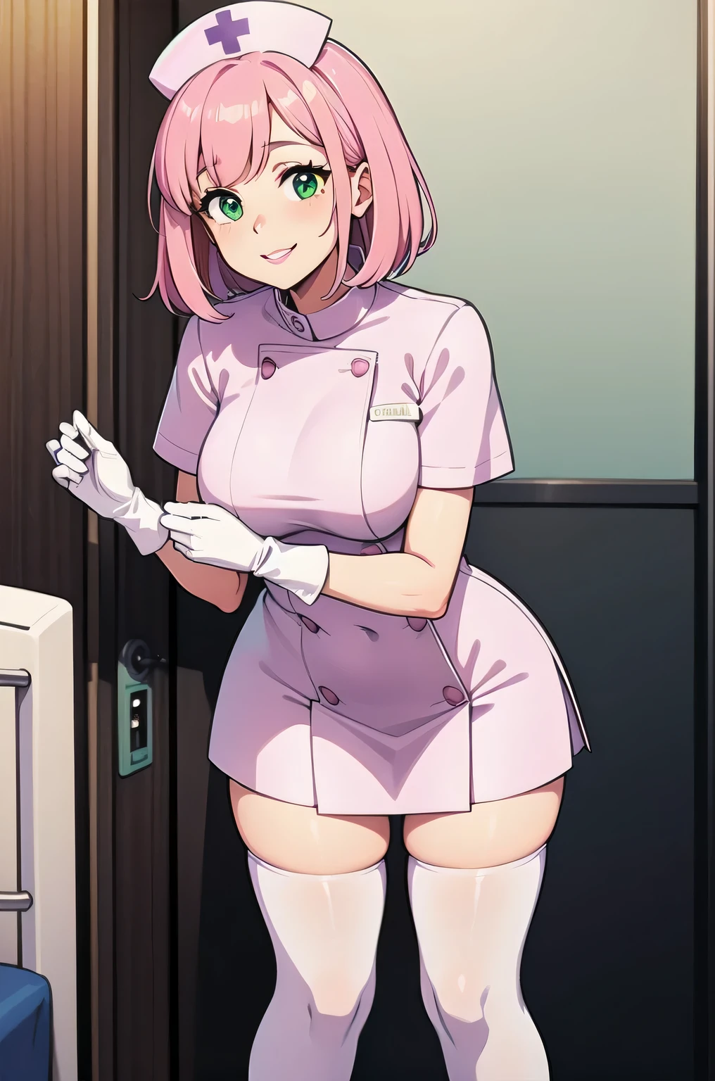 1woman, solo, nurse, white nurse cap, white nurse uniform, ((white legwear, zettai ryouiki)), white gloves, pink hair, green eyes, drooping eyes, pink lips, smile, standing, ((hospital room)), sharp outline, short sleeves, mature female, 32 years old, best quality, masterpiece