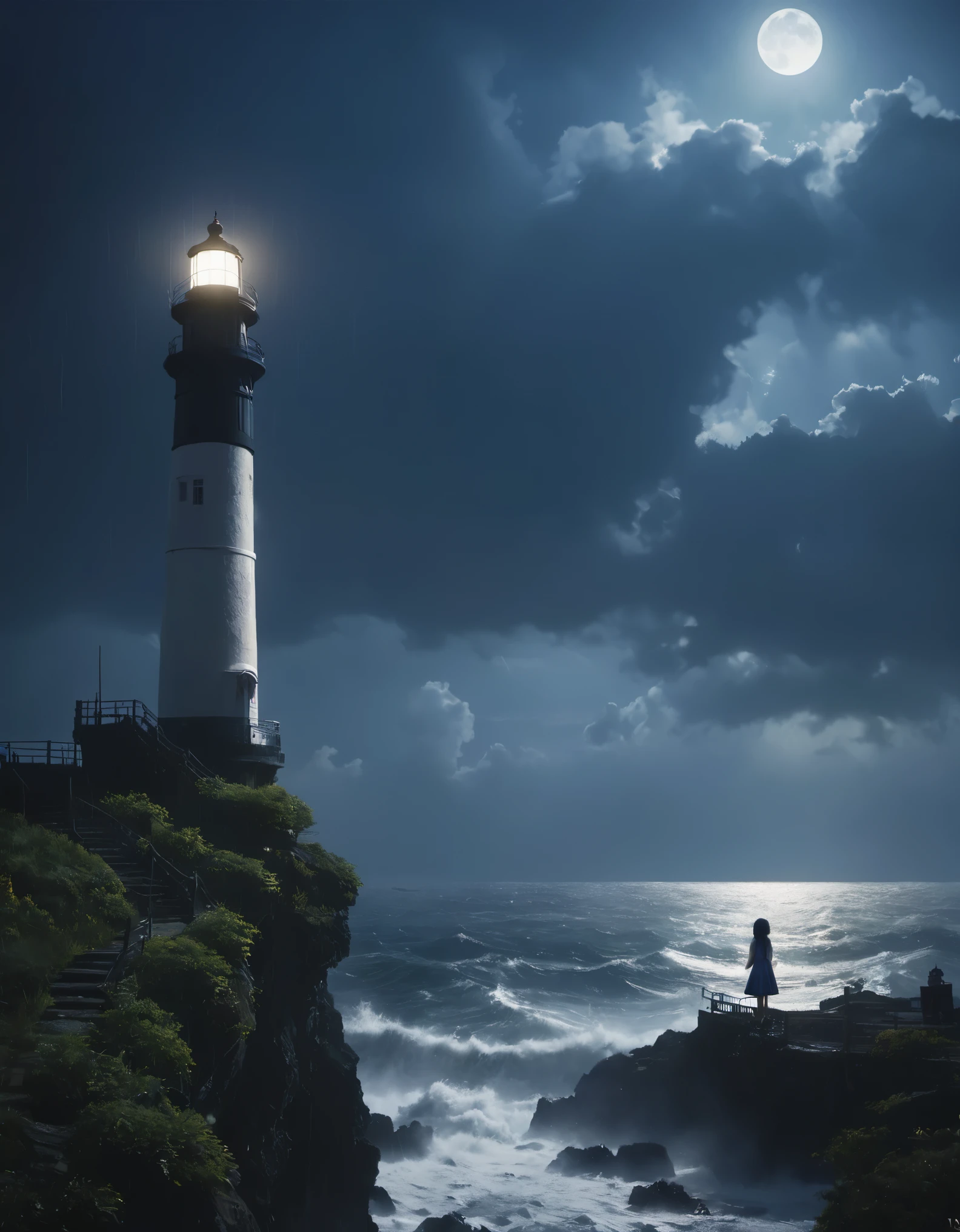 一个black hair女孩坐在悬崖岩石上看佩姬湾的灯塔),Back portrait，close up，whole body，（lighthouse on cliff） ， Chinese girl back view. ，black hair，Vicissitudes, small straight nose，穿着blue连帽雨衣, rough waves, beam, moonlight, background: The rain is falling crazily, photography, masterpiece, Retro， The atmosphere is strong, unreal engine, Quixel Megascans rendering, V-ray, high detail, high quality, high resolution, art stage trends, sur realism, HD, 16k, depth of field (Every time), Rembrandt lighting, Epic visuals, blue，