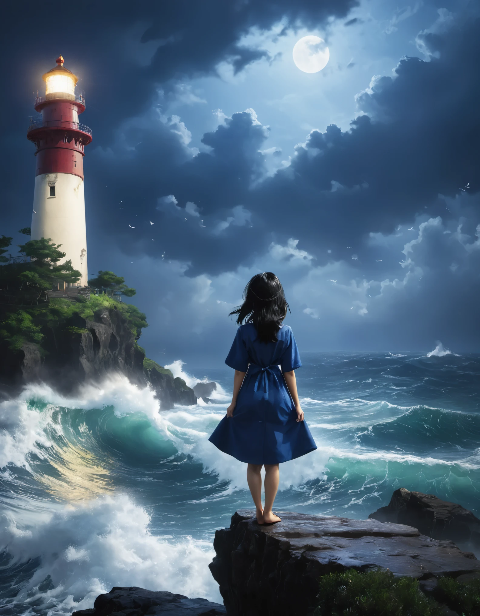 一个black hair女孩坐在悬崖岩石上看佩姬湾的灯塔),Back portrait,close up,whole body,(lighthouse on cliff) , Chinese girl back view. ,black hair,Vicissitudes, small straight nose,穿着blue连帽雨衣, rough waves, beam, moonlight, background: The rain is falling crazily, photography, masterpiece, Retro, The atmosphere is strong, unreal engine, Quixel Megascans rendering, V-ray, high detail, high quality, high resolution, art stage trends, sur realism, HD, 16k, depth of field (Every time), Rembrandt lighting, Epic visuals, blue,