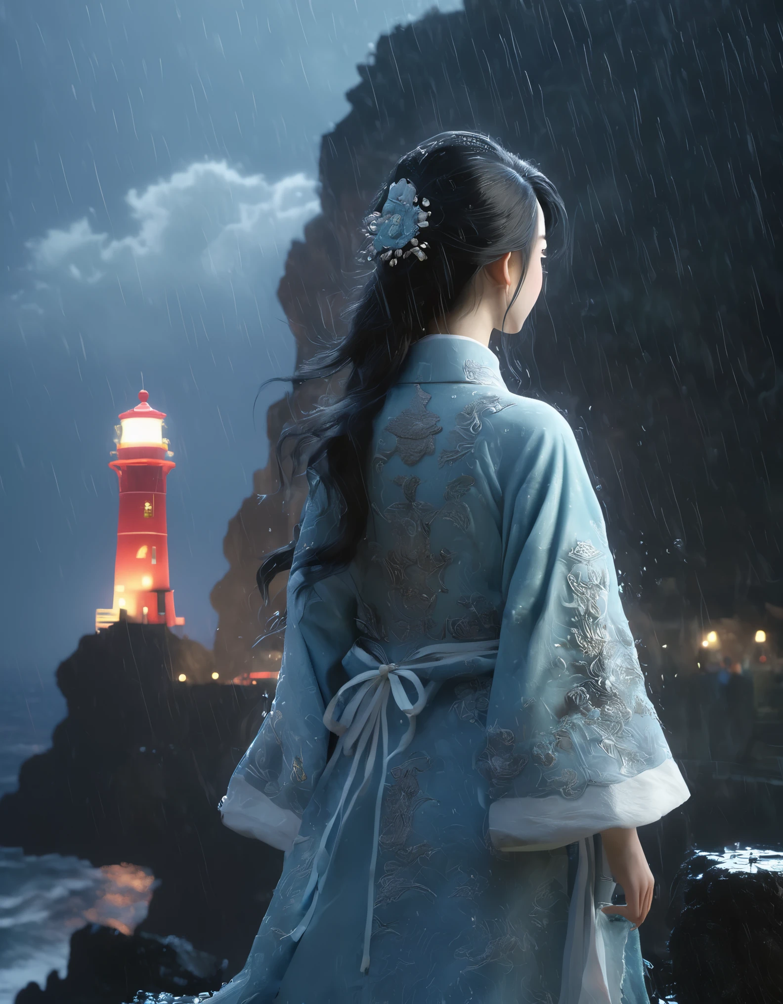 一个black hair女孩坐在悬崖岩石上看佩姬湾的灯塔),Back portrait，close up，whole body，（lighthouse on cliff） ， Chinese girl back view. ，black hair，Vicissitudes, small straight nose，穿着blue连帽雨衣, rough waves, beam, moonlight, background: The rain is falling crazily, photography, masterpiece, Retro， The atmosphere is strong, unreal engine, Quixel Megascans rendering, V-ray, high detail, high quality, high resolution, art stage trends, sur realism, HD, 16k, depth of field (Every time), Rembrandt lighting, Epic visuals, blue，