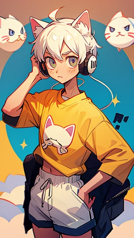 A man with white hair, wearing headphones, cute, with cat ears, wearing an egg-colored shirt with a cat pattern, and shorts.
