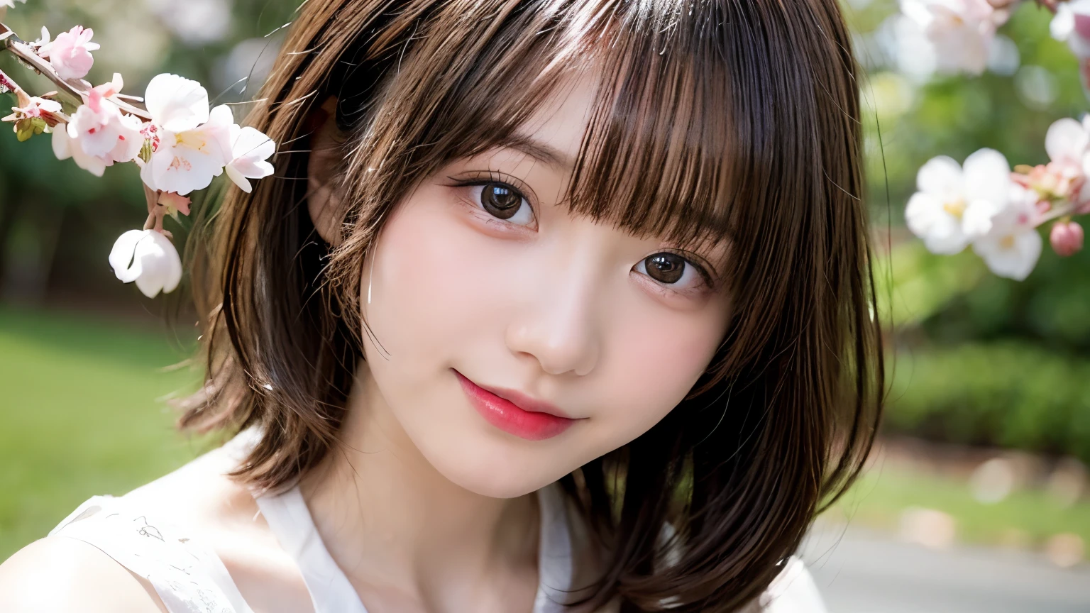 table top, highest quality, shape, Super detailed, finely, High resolution, 8k wallpaper, 完璧なダイナミックな構shape, finelyて美しい目, Wearing a pink dress,medium hair,natural color lip, smile,Harajuku、age girl、cute、looking at the camera、C cup、brown hair、Blurred cherry blossom background
