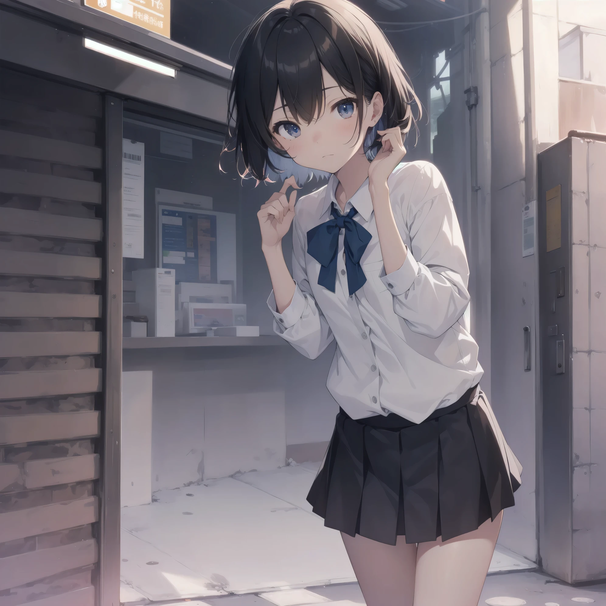 Super absurd quality by the god of art, super detailed, High resolution, anime moe art style, Best Anime 8K Kona-chan Wallpaper, pixiv contest winner, perfect anatomy, break,(眠そうにalone学校へ行く女の子を描いてください. )break,1 girl, (alone,little woman, baby face, :1.3),All limbs, full finger,, The charm of an immature body, (very_short hair), Bang, flat chest, small ass, between legs, small black eyes, detailed and beautiful eyes, Well-proportioned iris and pupils, expressive eyes, sleepy eyes, High resolutionの詳細な髪, neck ribbon, shirt, collared shirt, skirt, pleated skirt, school uniform, school bag,(detailed lighting), (detailed background), On the way to school. break,super dense skin, Best cinematic lighting powered by famous artist, 8k,collaboration illustration,cute illustration,photoshop_(Moderate),Absurd Hi-Res,Hmm,rough skin,break,((artist:mifuru)),artist:Fujichoko, artist:Fujiyama,artist:hanekoto