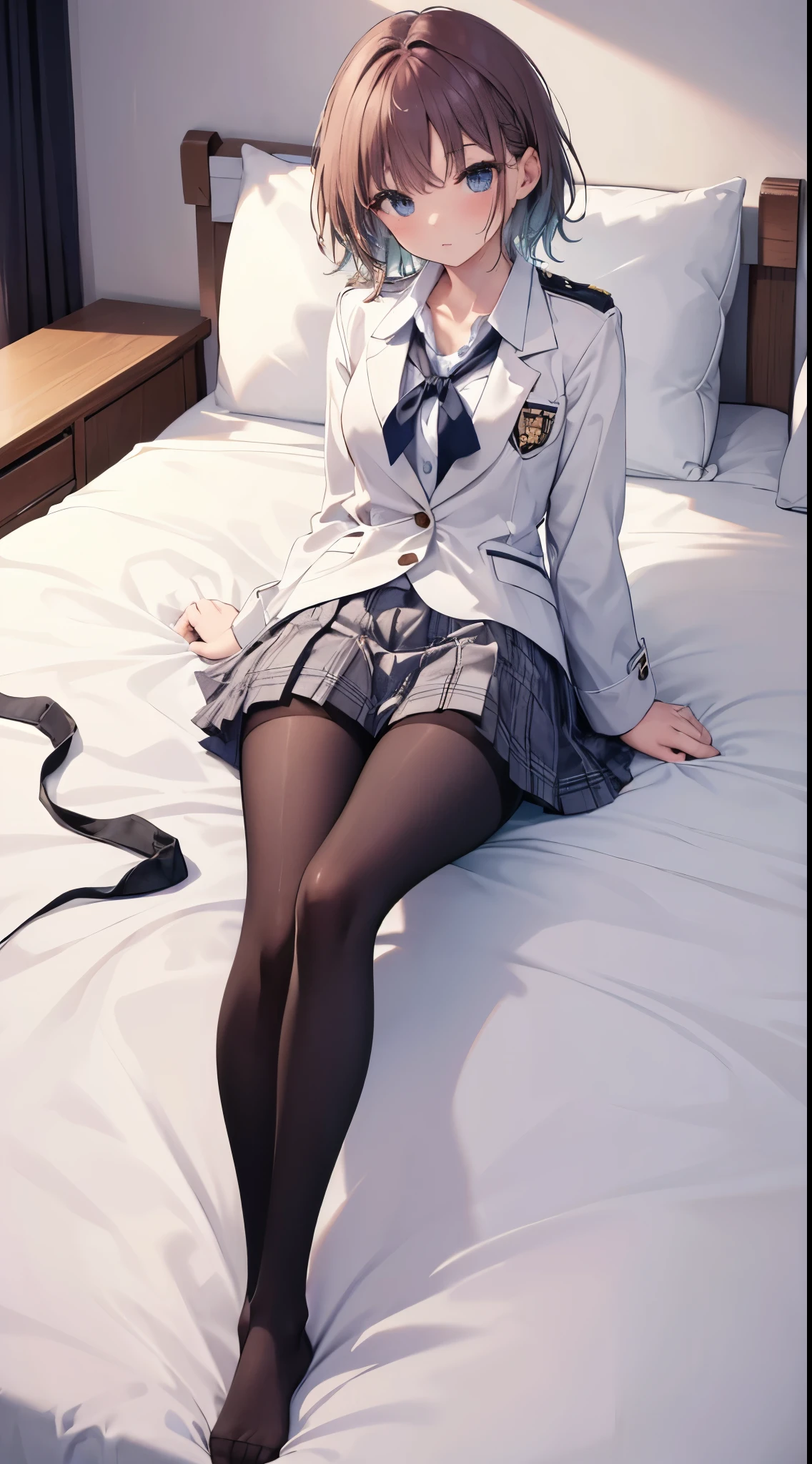 finest, masterpiece, High resolution, (Full body view from head to toe), Composition from slightly below the front, Symmetrical, 18 years old, slim and beautiful girl, alone, (small breasts), (not wearing shoes),Unkempt brown hair, bangs, (black tights), (black pantyhose), (Pose with legs spread on the bed), tied up with both arms hidden behind the back, (Composition showing white panties), (her legs spread、I can see white panties.), blush, shy big eyes, looking at camera, blazer uniform, plaid pleated skirt