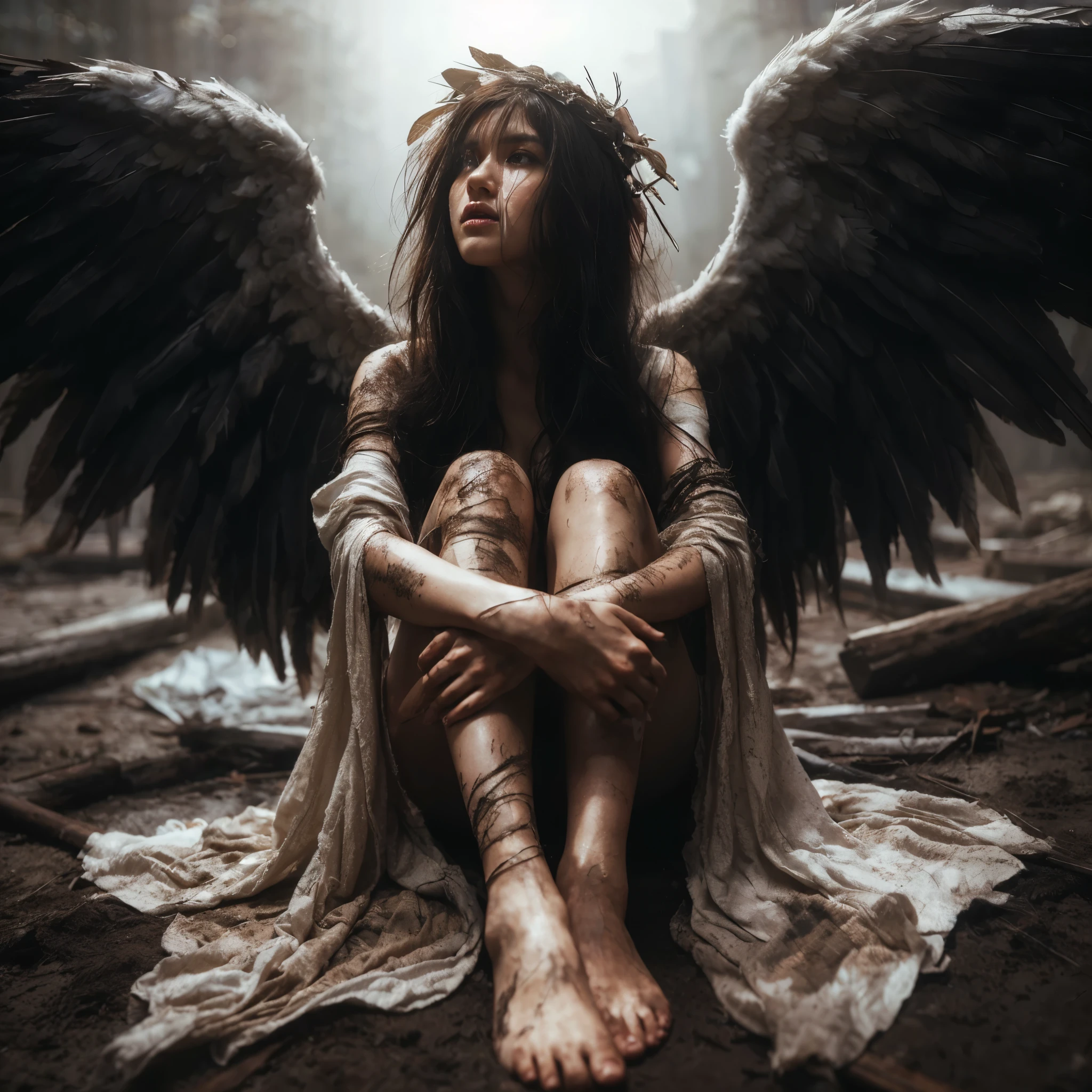 full scale, super low angle shot, The beautiful angel fell, black hair, had very large wings, wore a very worn white cloth, dirty body and wings, knelt down and looked very angry, shouted and looked up.
HD professional photographer, MidJourney v6 realism, light focus on face, ultra detail on face,
dark light, epicrealism, atmospheric impressionism, bokeh, film dramatic realism, pre-raphaelite realism, best tone, hard focus realism --ar 36:61 --stylize 750 --v6