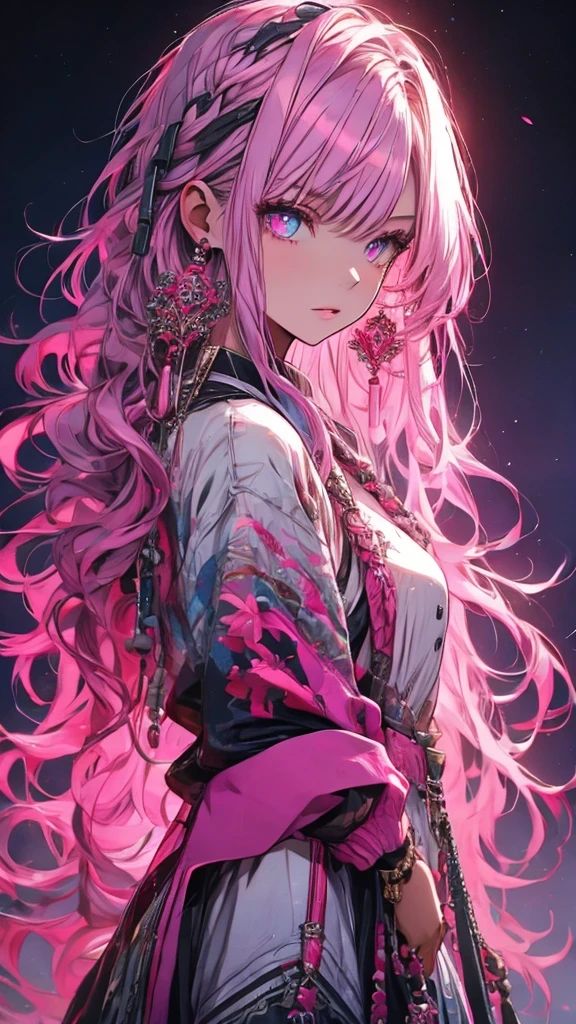 Hongliu, 1 girl, alone, long hair, looking at the viewer, blue eyes background, white background, jewelry, closed mouth, Jacket, Upper body, pink hair, earrings, pink eyes, necklace, From the side, sweater, lips, eyelash, compensate, wavy hair, earrings, cross, lipstick, ear earrings, eye shadow, hoop earrings, pink lips, multicolored eyes, pink theme, , pink eye shadow,