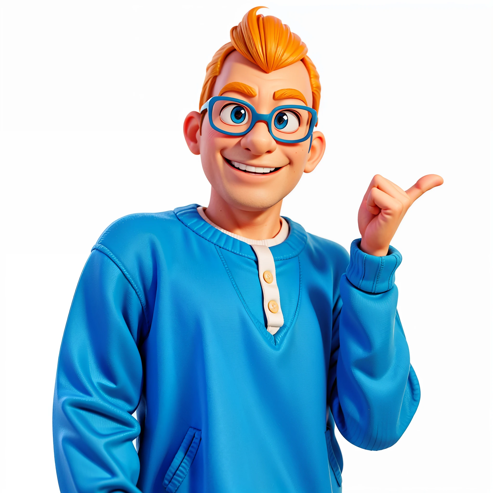 3d character, pixar style, cg character, game, smiling man in blue sweater pointing at something with his finger