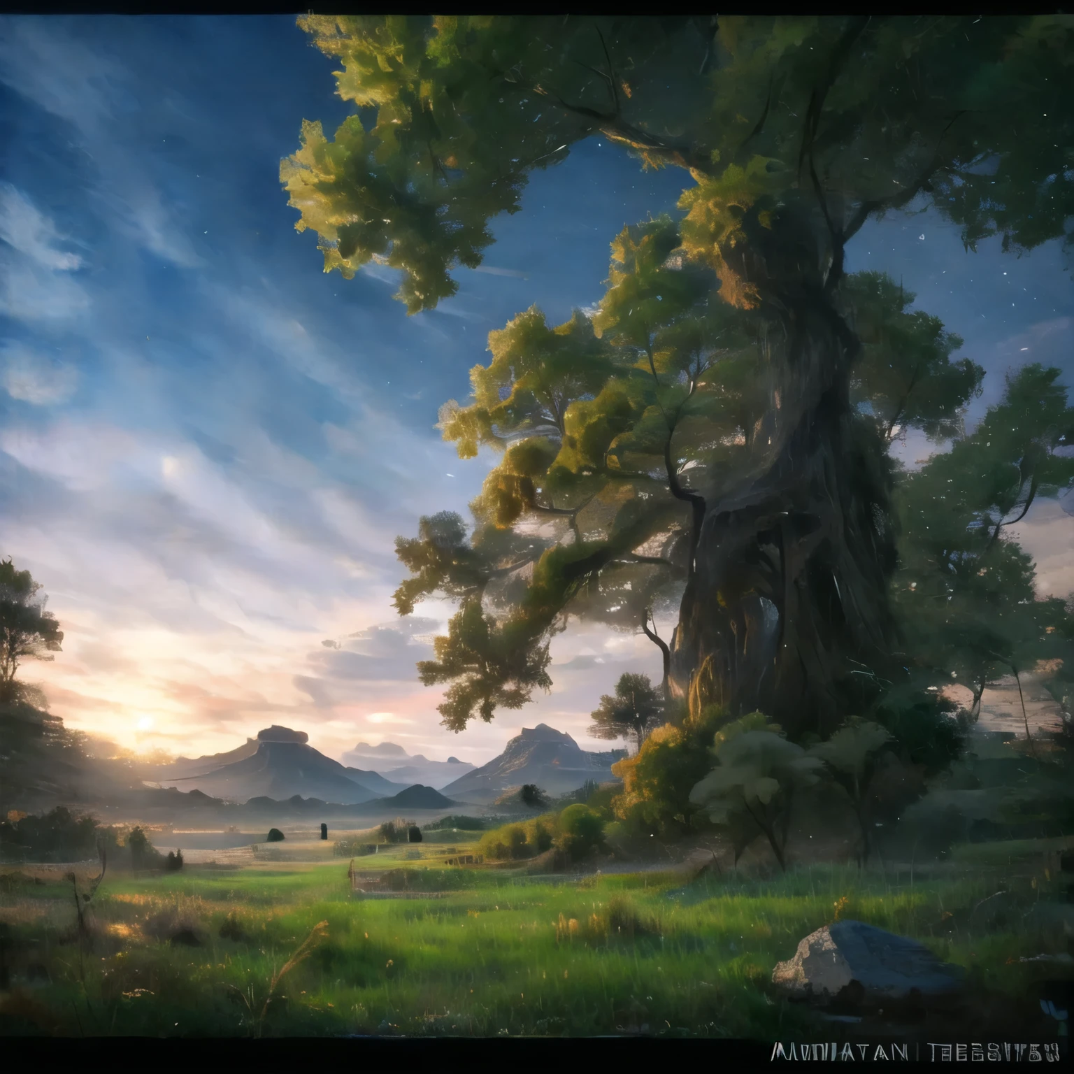 There is a picture of a tree in a field with a mountain in the background., landscape artwork, by senior environmental artist, landscape art details, 4K high-definition digital art, 2. 5d cgi anime fantasy artwork, 8K high quality detailed art, Environmental painting, Highly detailed 4K art, wide angle fantasy art, environmental art, 3D virtual landscape painting