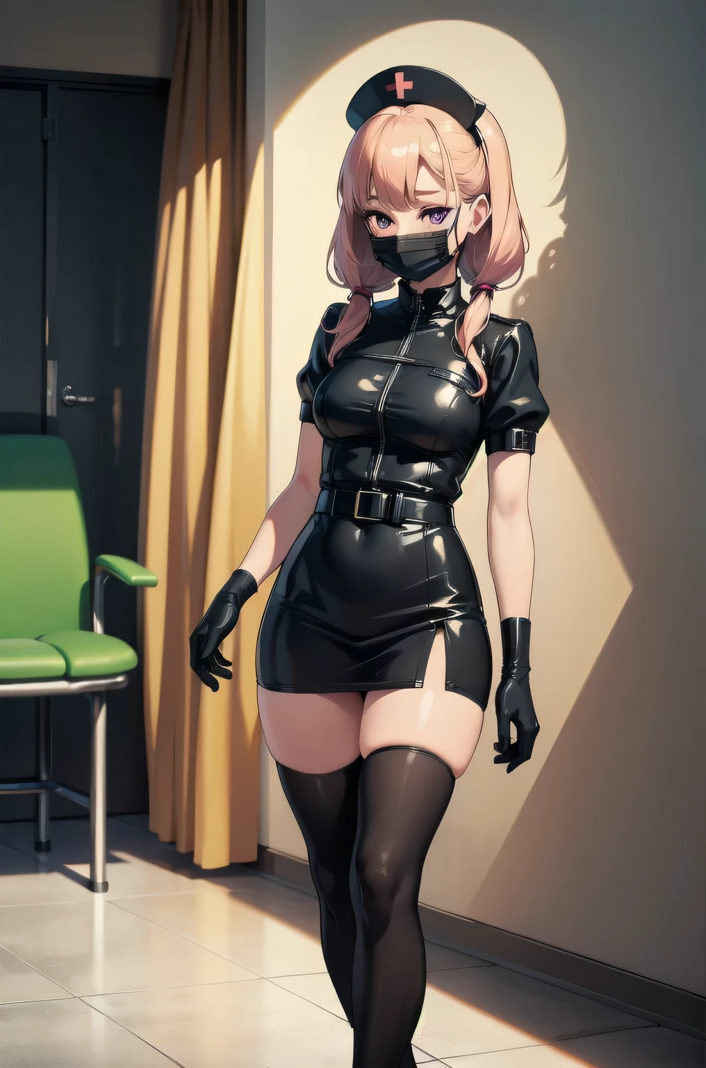 black nurse, 1girl, solo, black nurse cap, black nurse uniform, ((black legwear, zettai ryouiki)), black elbow gloves, twintails, yellow hair, purple eyes, ((black surgical mask, covered nose)), standing, ((surgery room)), sharp outline, short sleeves, best quality, masterpiece