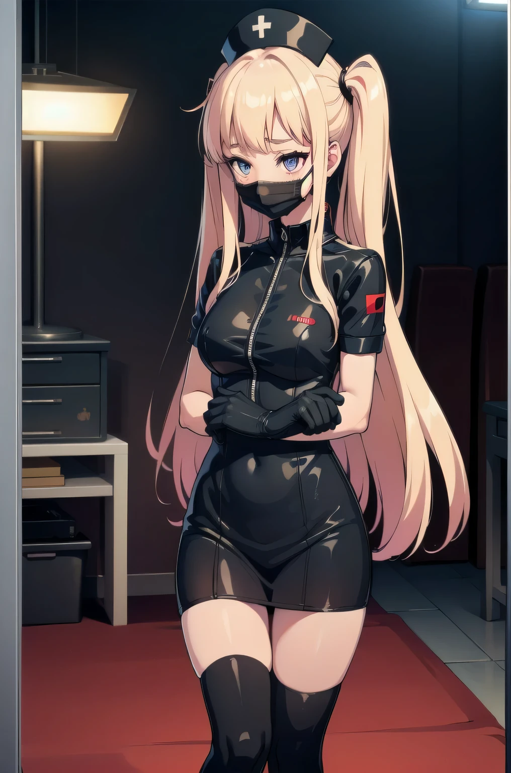 black nurse, 1girl, solo, black nurse cap, black nurse uniform, ((black legwear, zettai ryouiki)), black elbow gloves, twintails, yellow hair, purple eyes, ((black surgical mask, covered nose)), standing, ((surgery room)), sharp outline, short sleeves, best quality, masterpiece