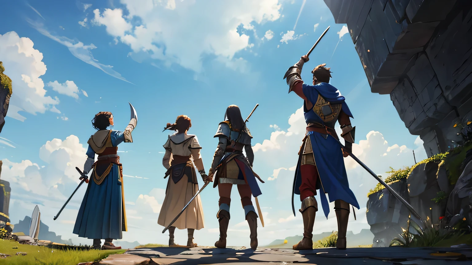 exciting composition,men and women,3 people,raise your hand,Rear view,Adventurers raising swords and staffs towards the sky,4 people,fantasy,armor