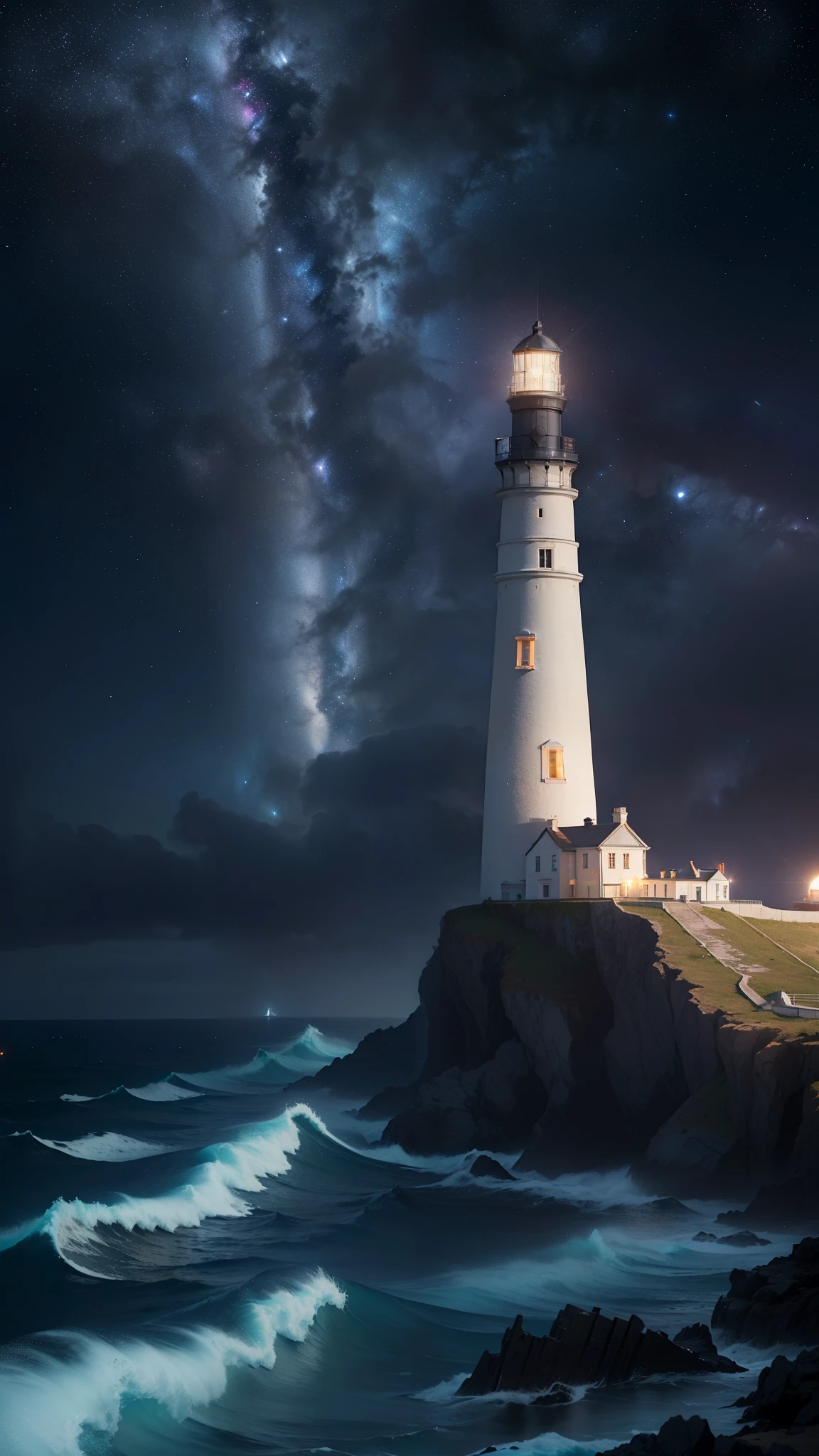 (masterpiece), high details, high quality, photorealistic, hyper-detailed, realistic skin texture, perfect face, A beautiful Lighthouse, look at the Lighthouse, shimmering with lustrous hues matching scheme, light reflecting, (thunderstorm, lightning storm, Lighthouse illuminating the night, galaxy sky, (The Lighthouse is surrounded by a sea waves barely seen through the rain, Clouds and fog on the Lighthouse, Lighthouse illuminating the night as background), the Lighthouse looks like floating on the air, Illuminated by the moonlight, galaxy night with nebulae, high details background), fantasy art style, high quality detailed art, fantasy mixed with realism, charming, (silver and white colors schemes),